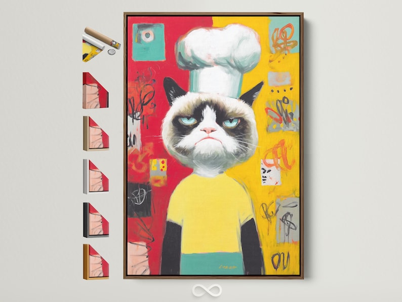 Pop art style grumpy cat wearing a yellow chef outfit with blue-green eyes