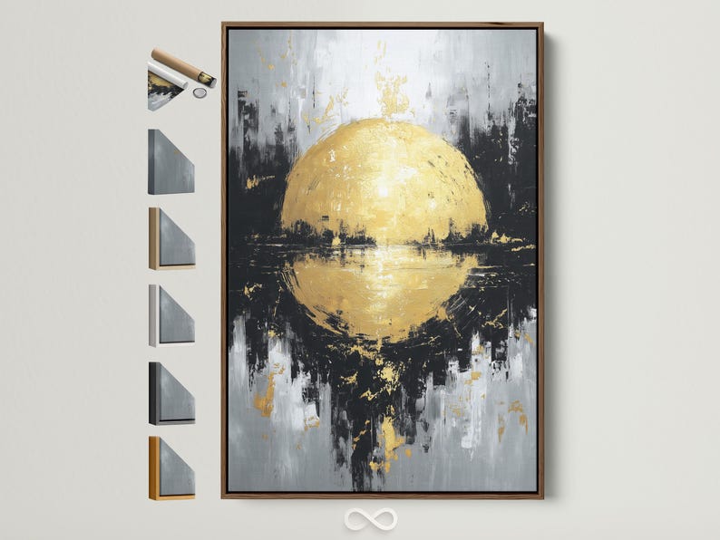 Gold sphere abstract artwork with textured gold flecks on grey and black background
