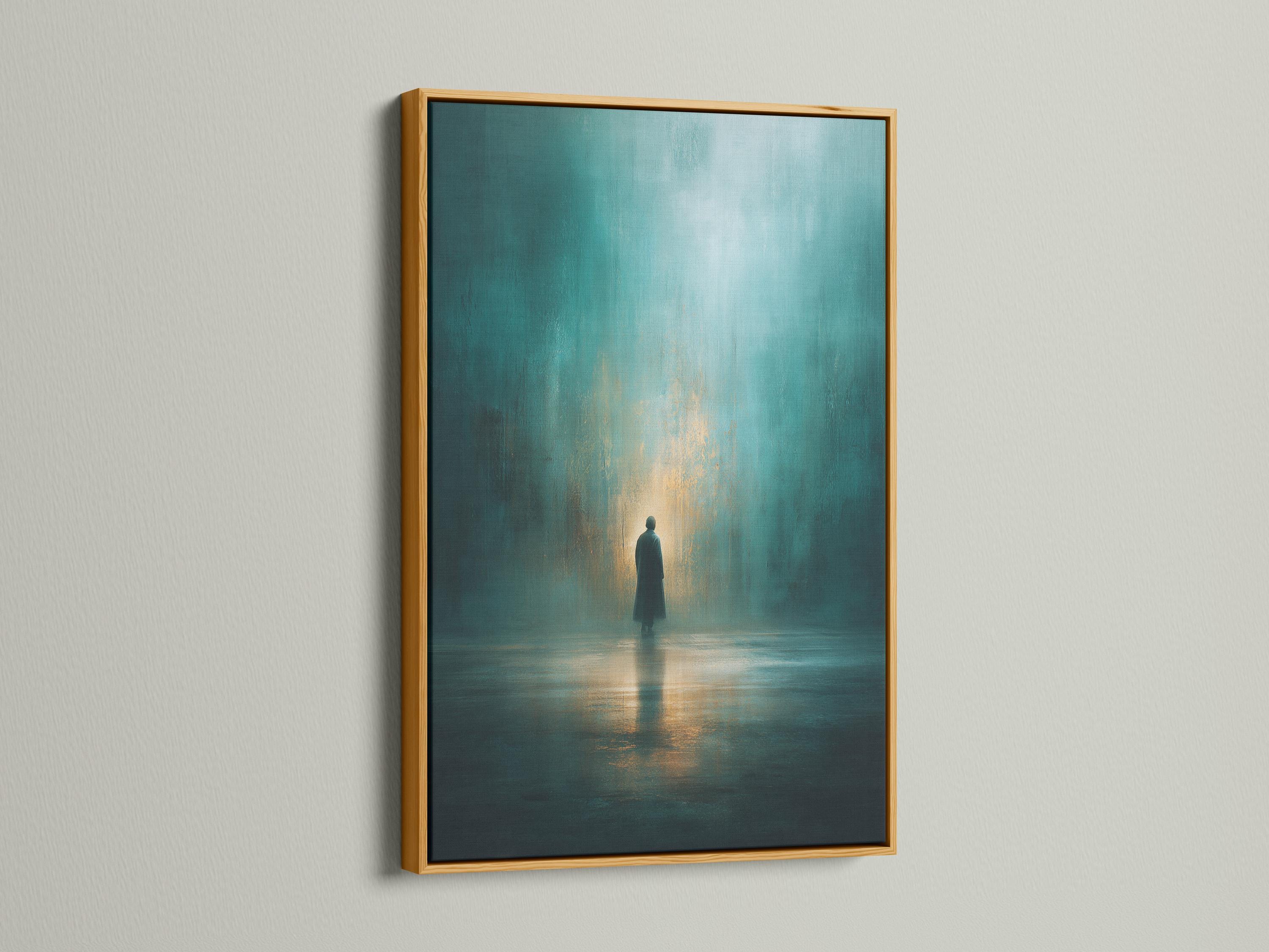 Teal and gold artwork showing a solitary figure silhouette with a warm glow and reflection on the floor detail view