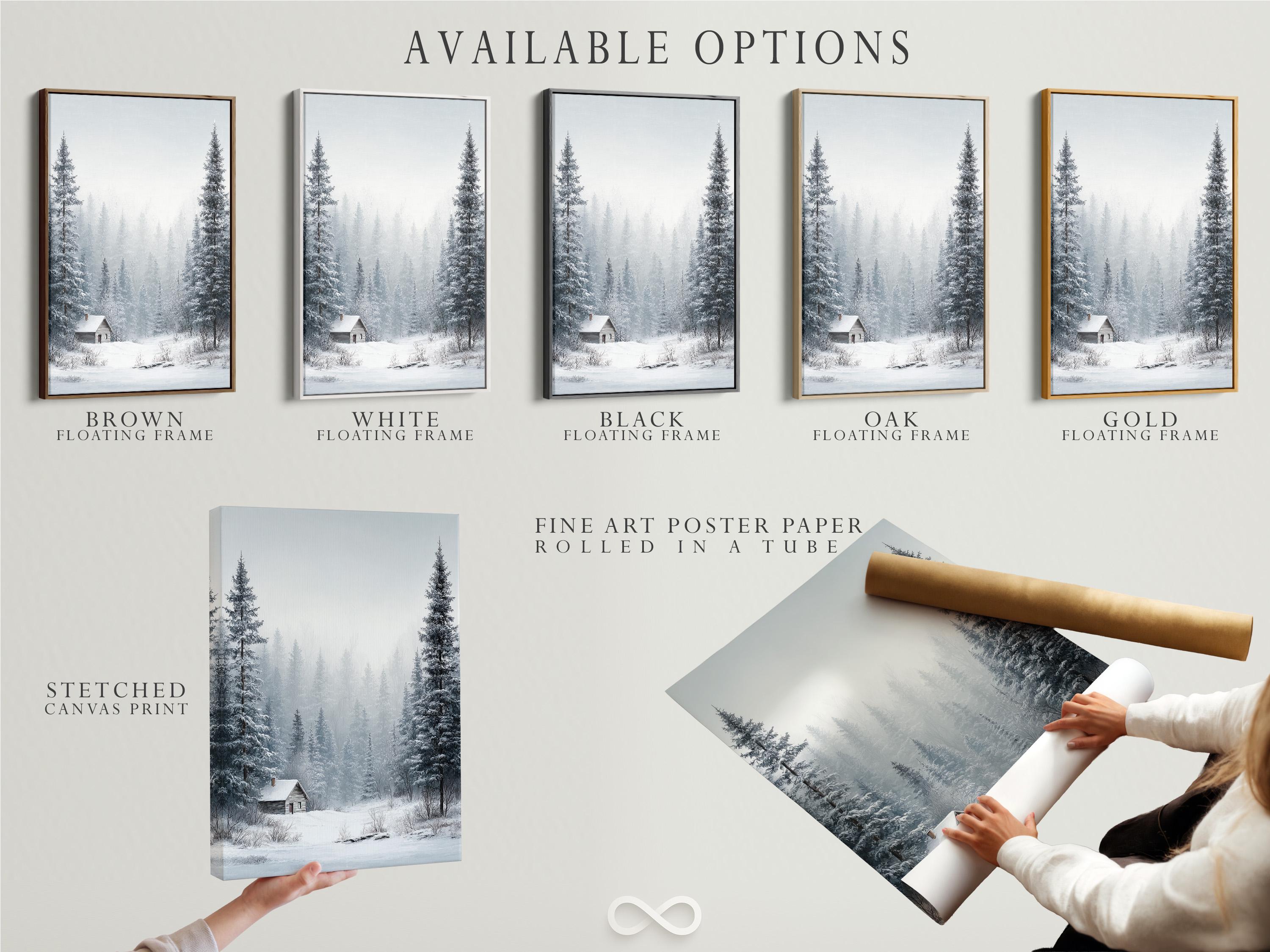 Snowy winter forest scene with pine trees, mist, and a small cabin detail view