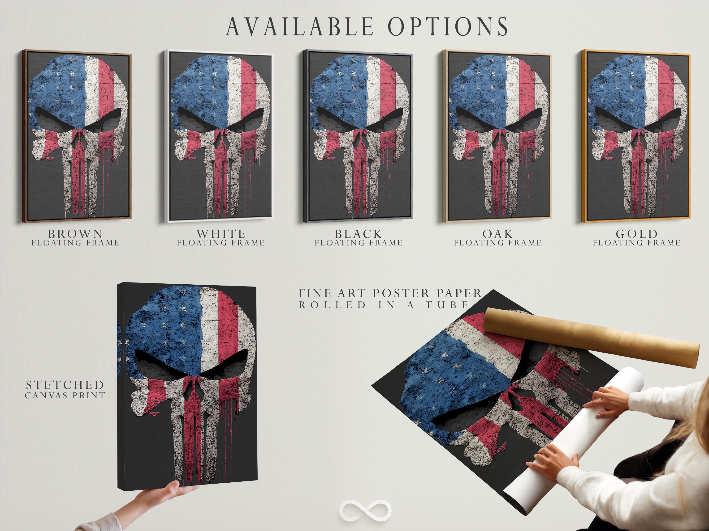 Portrait framed artwork mockup showing a distressed skull flag design