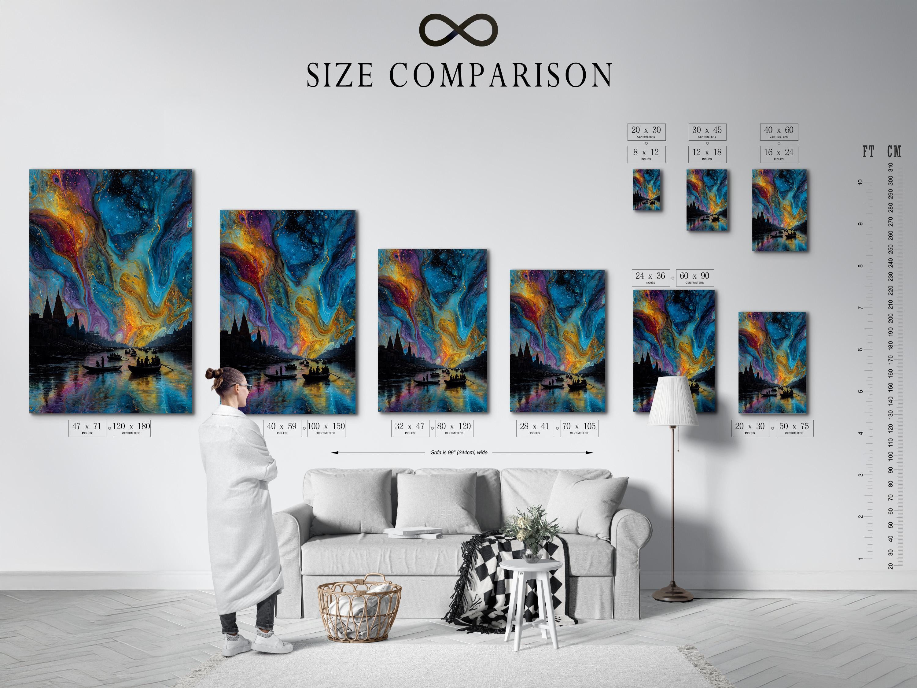 Abstract aurora-style cityscape with blue and gold swirls over a dark river and silhouetted boats detail view