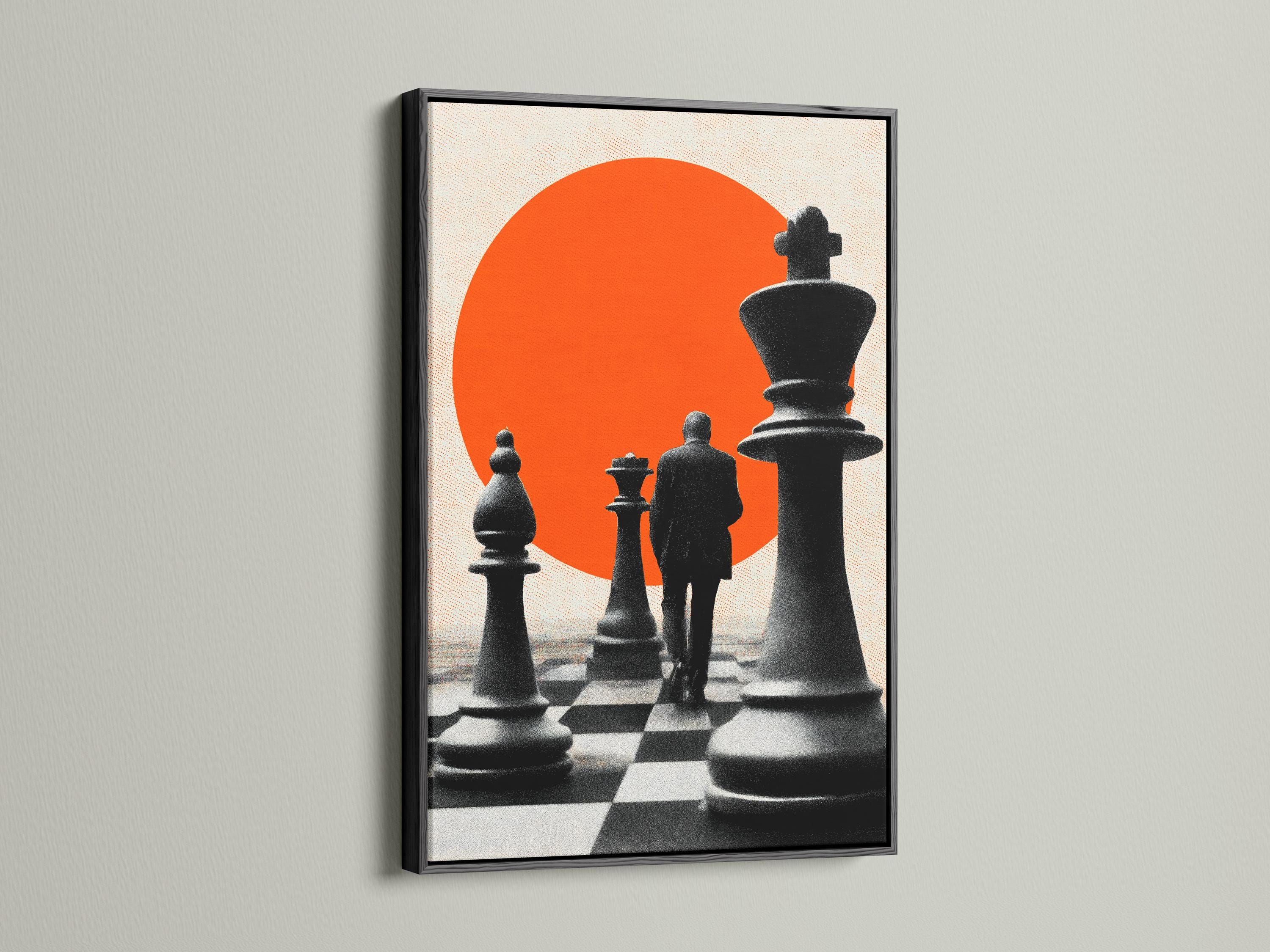 Chess canvas wall art in a frame, showing black pieces on a checkered floor with an orange circle backdrop