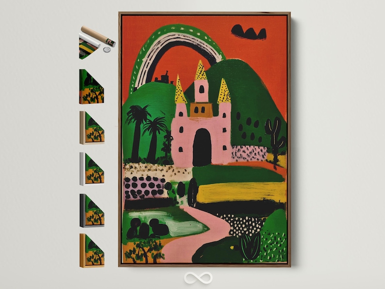 Whimsical pink and green castle with a rainbow arch and yellow tower shapes
