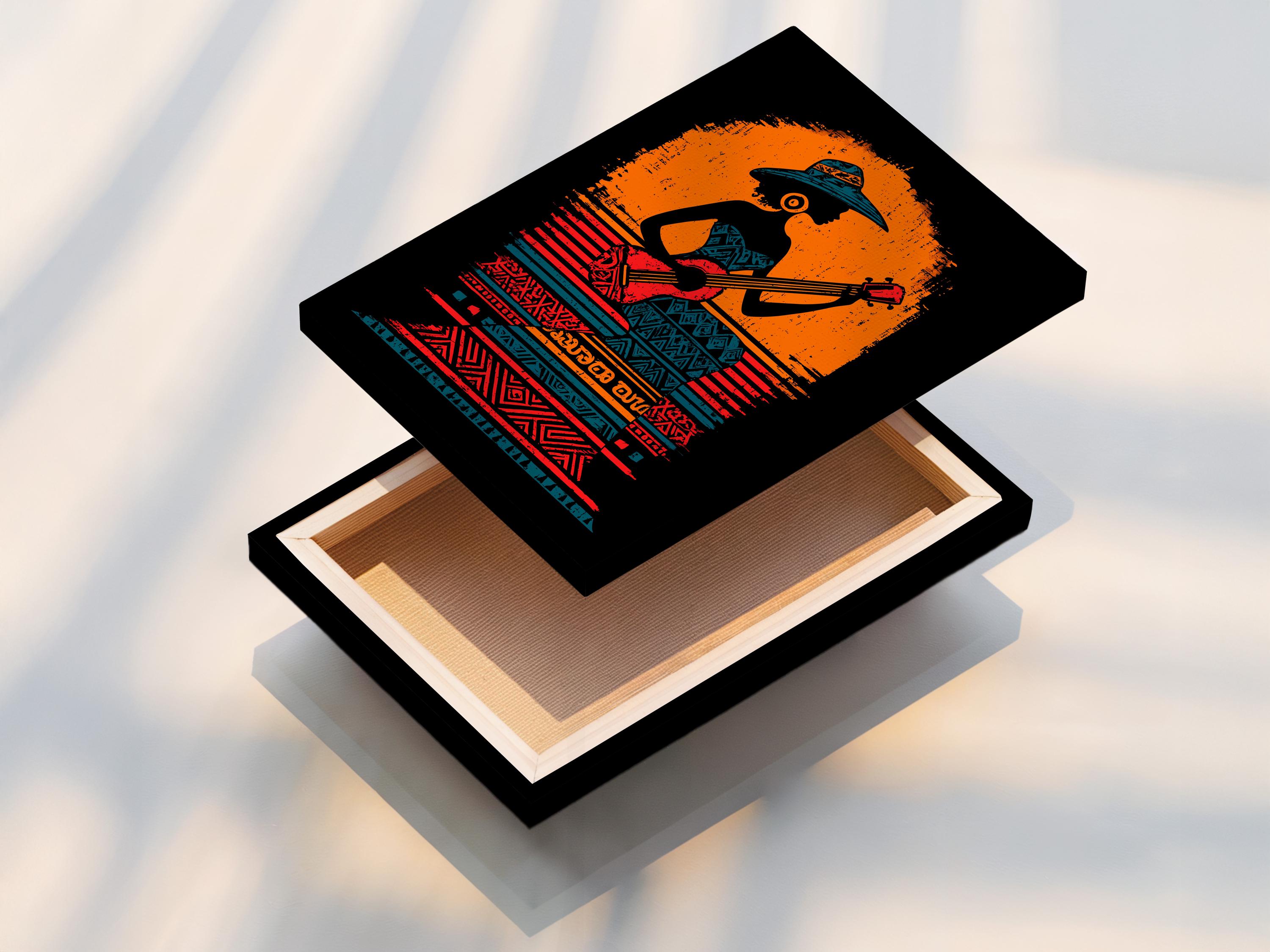 Wall mockup showing a framed poster design with a guitar-playing figure and tribal patterns