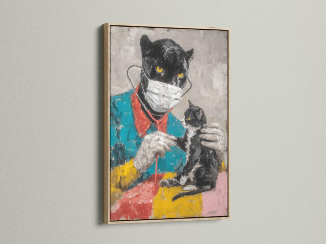 Painterly black cat doctor with a white mask and bright yellow eyes, with a smaller masked kitten beside it detail view