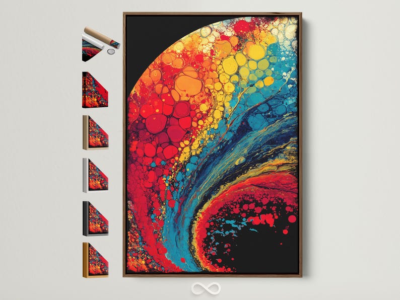 Abstract bubble artwork with red, yellow, aqua teal and dark black curved shapes