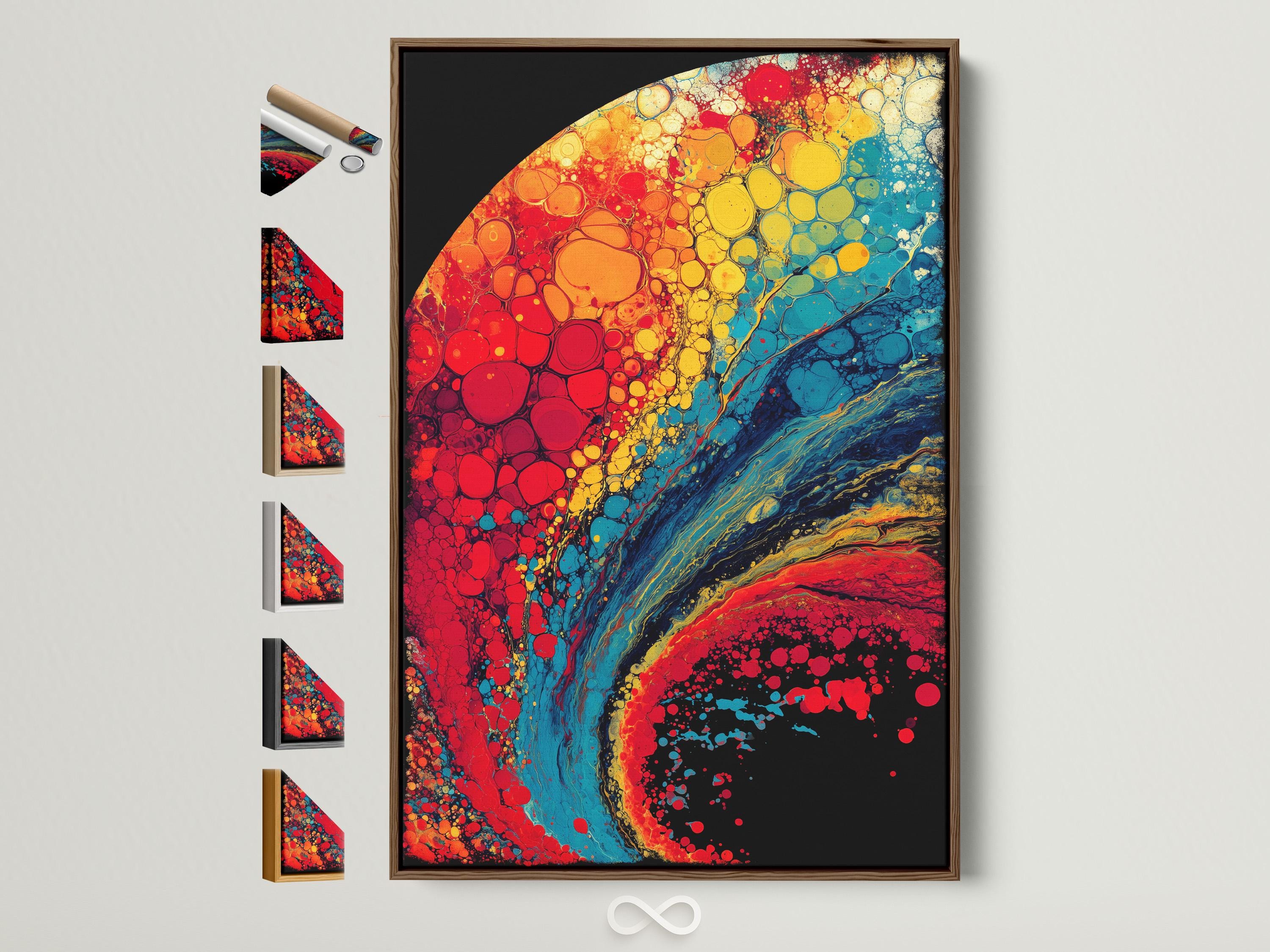 Abstract bubble artwork with red, yellow, aqua teal and dark black curved shapes