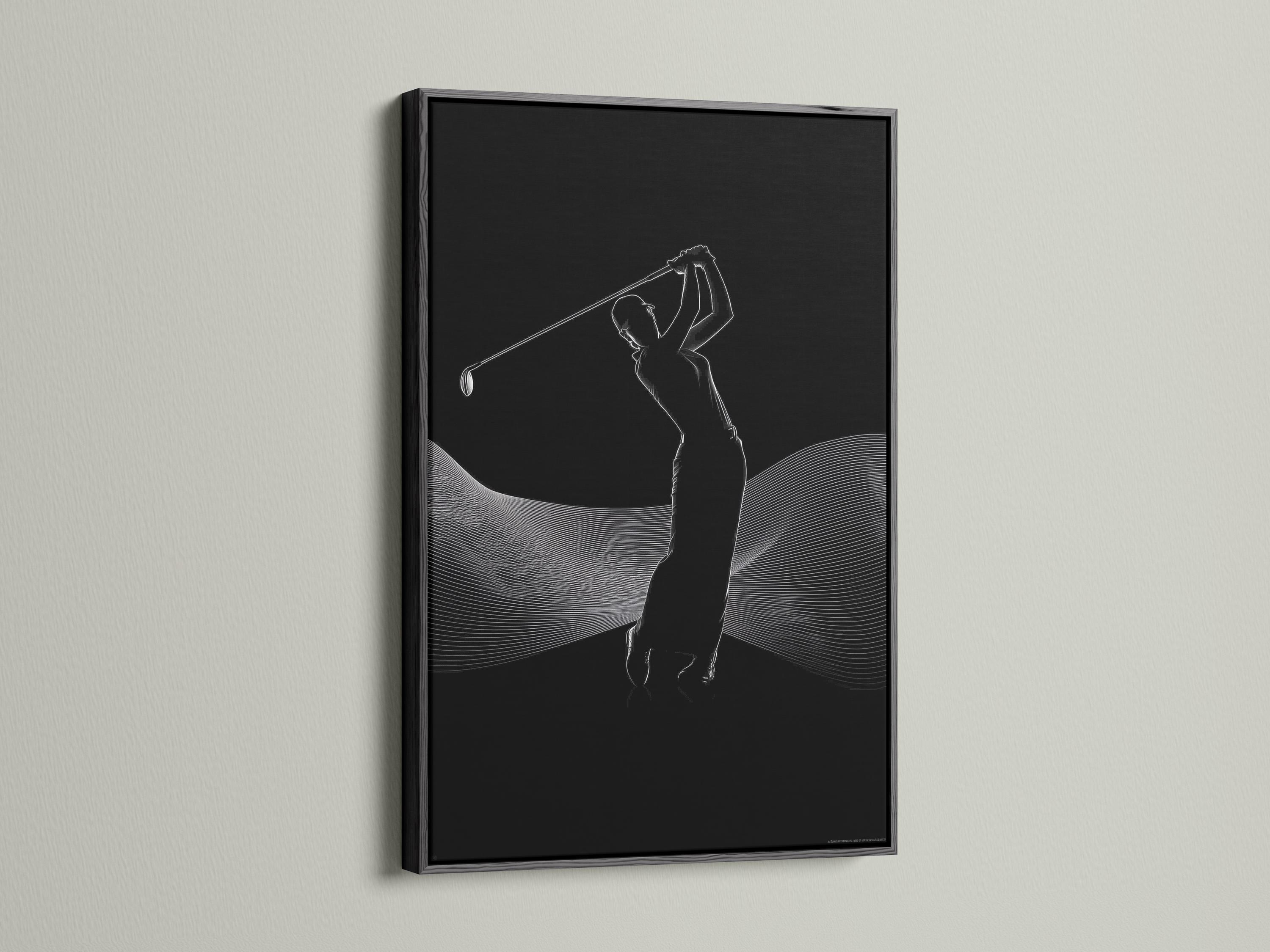 Black and white line art of a golfer silhouette mid-swing with curved contour lines detail view