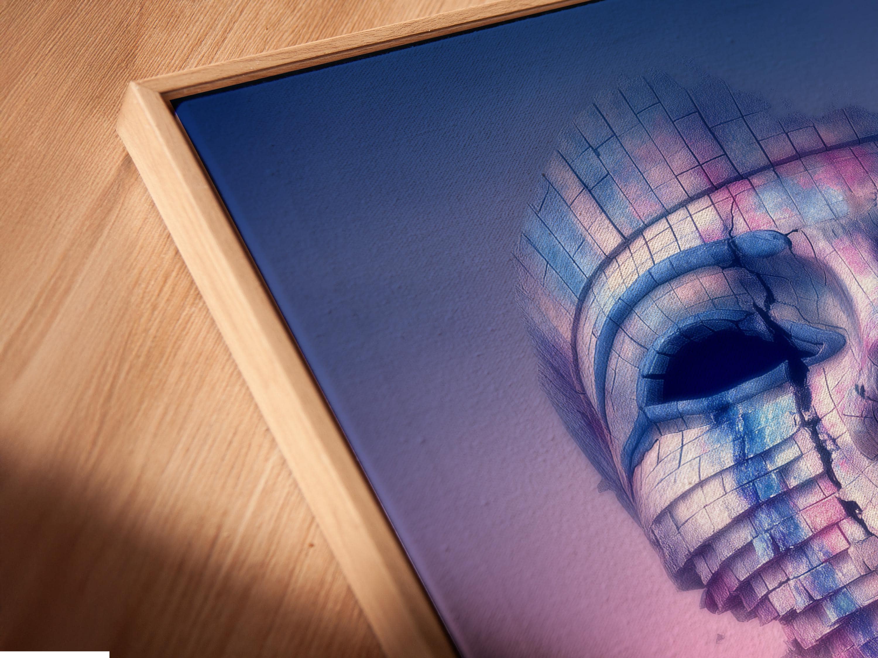 Portrait artwork of a surreal textured face in blue and pink-violet tones displayed in a mockup