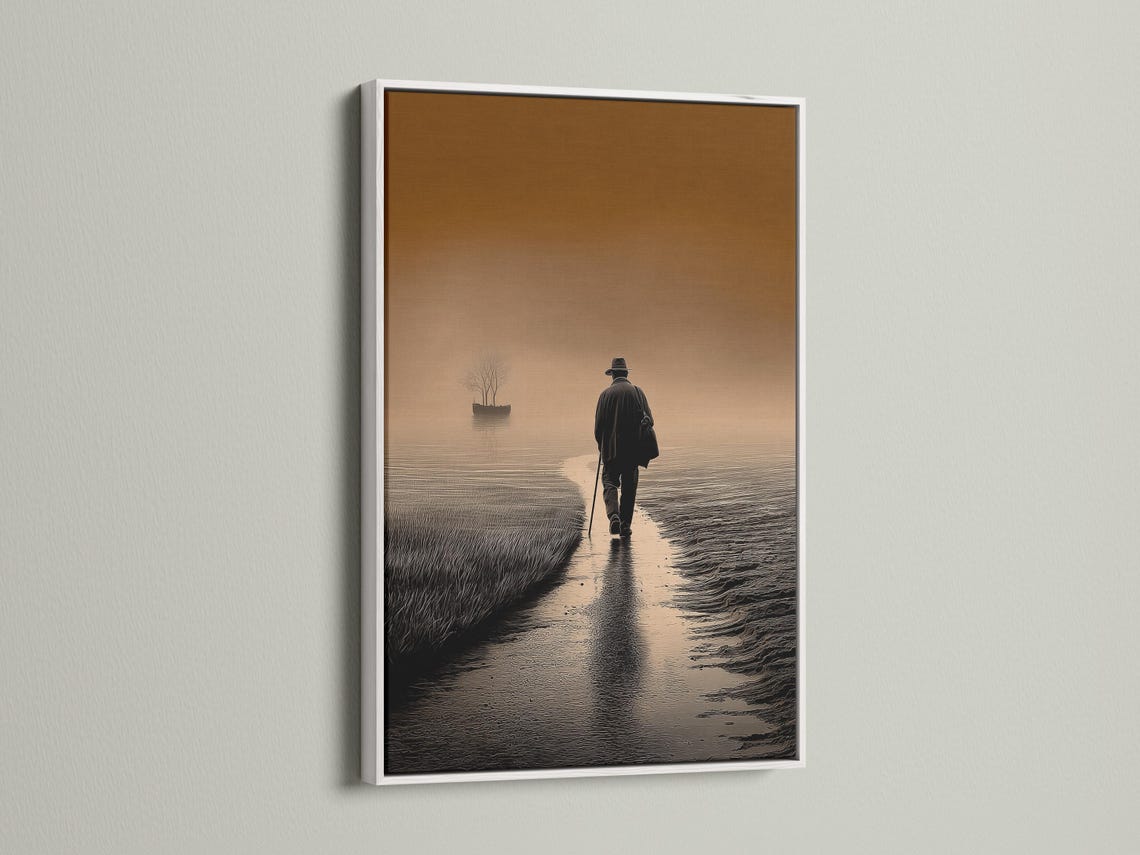 Warm brown and beige seascape with a lone walker on a rippled shoreline and a leafless tree on the horizon detail view