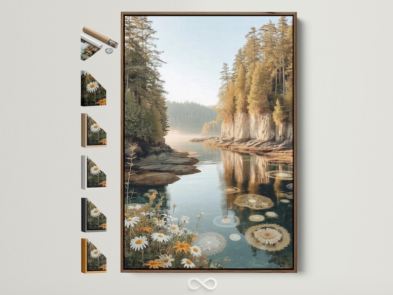 Lake reflection artwork with conifer trees, daisies, orange blossoms and lily pads