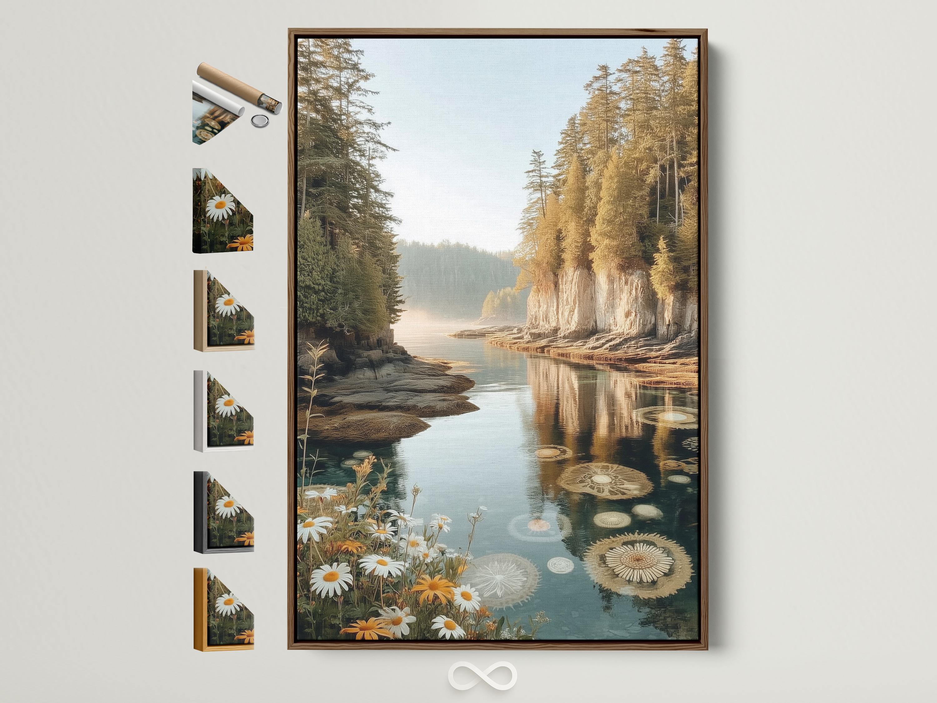 Lake reflection artwork with conifer trees, daisies, orange blossoms and lily pads