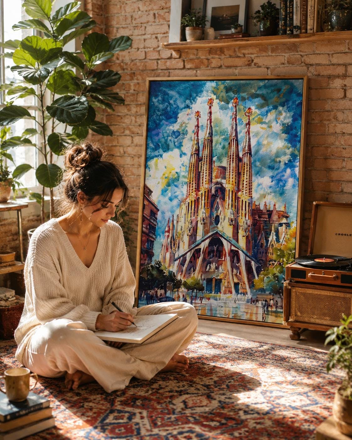 Room mockup showing a framed cathedral spires artwork on a blue wall above a desk