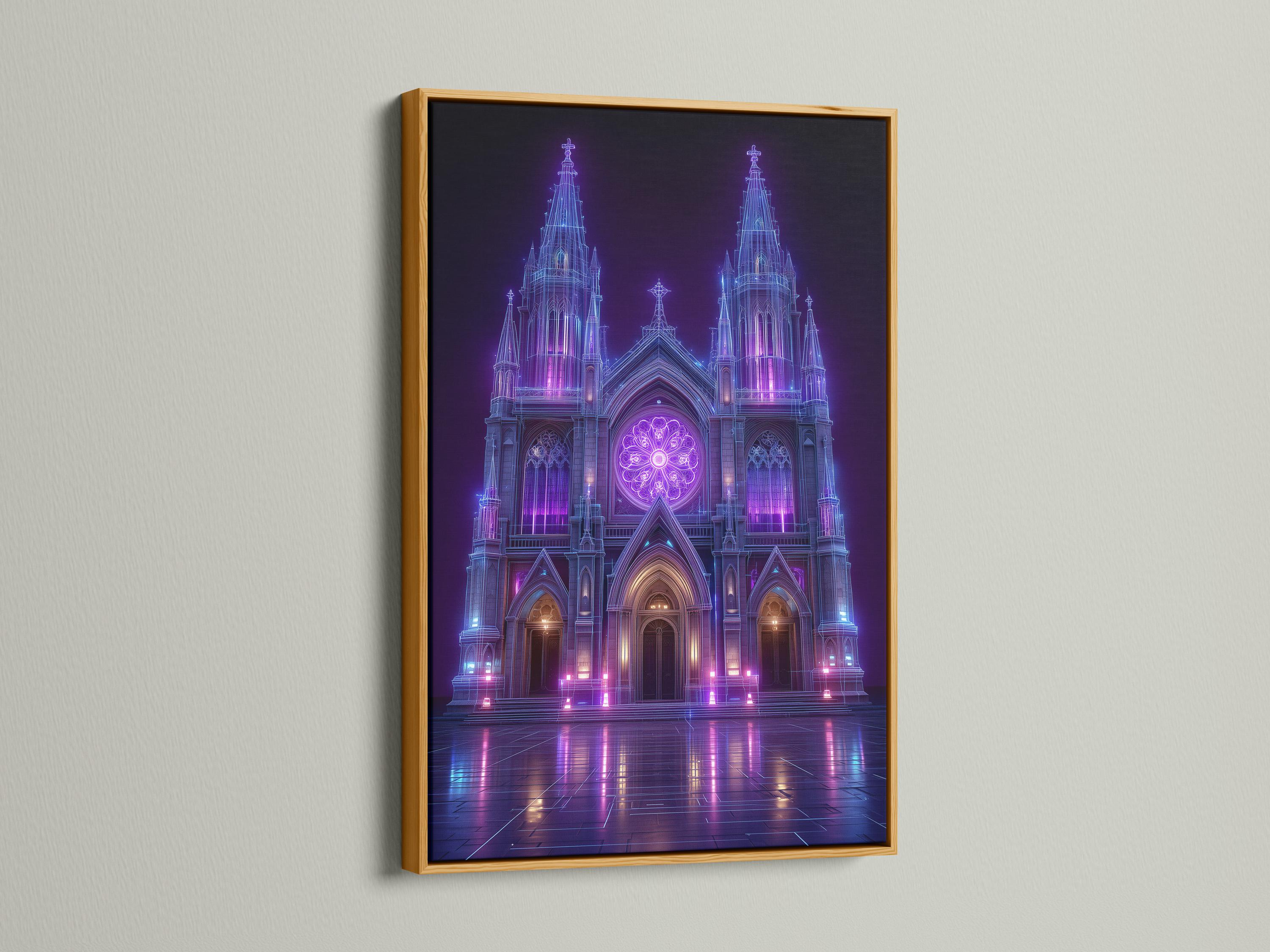 Neon purple and blue gothic cathedral façade with glowing rosette window and reflections detail view