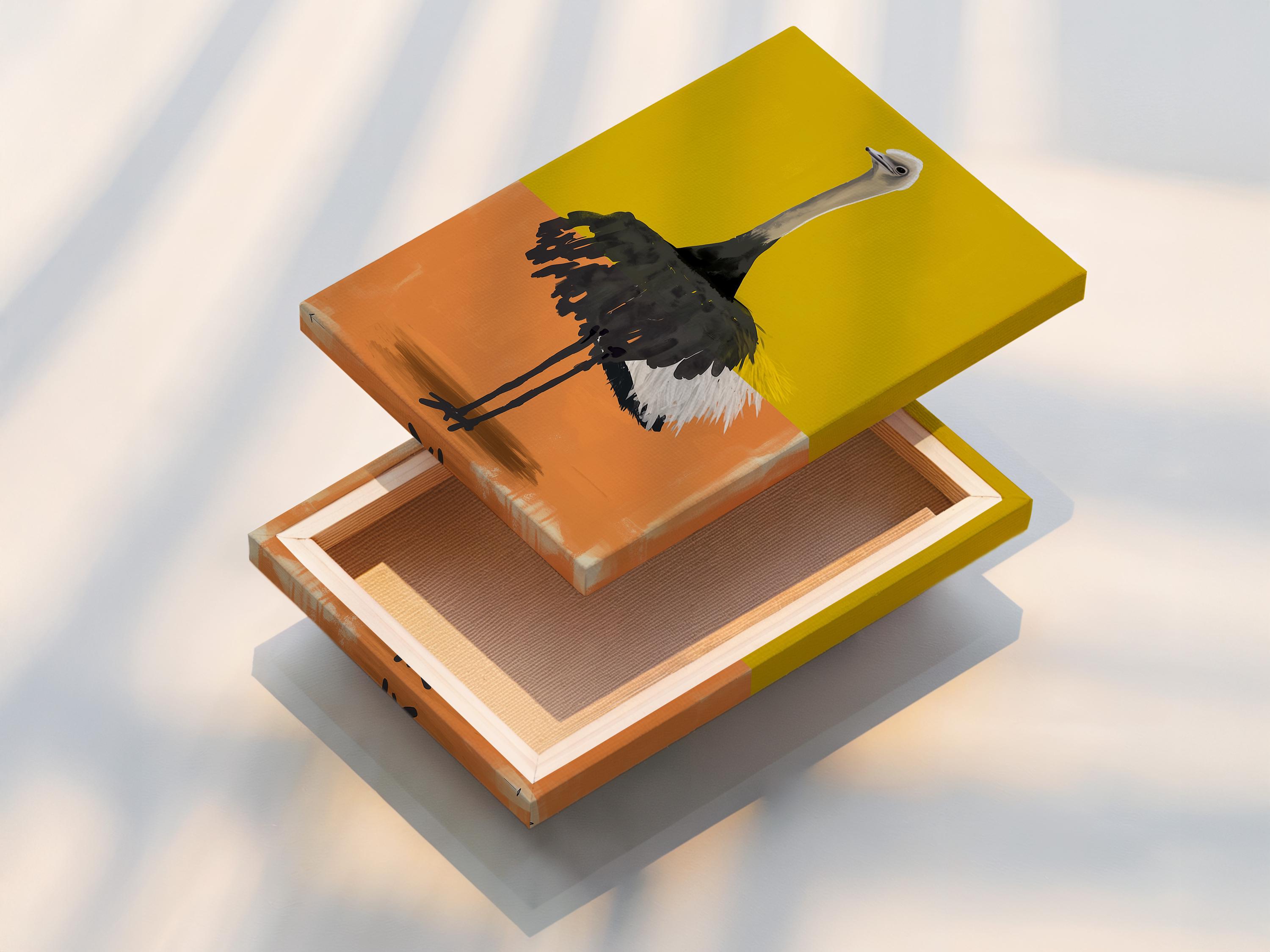 Stylised ostrich portrait in yellow and orange colour blocks with textured dark feathers detail view