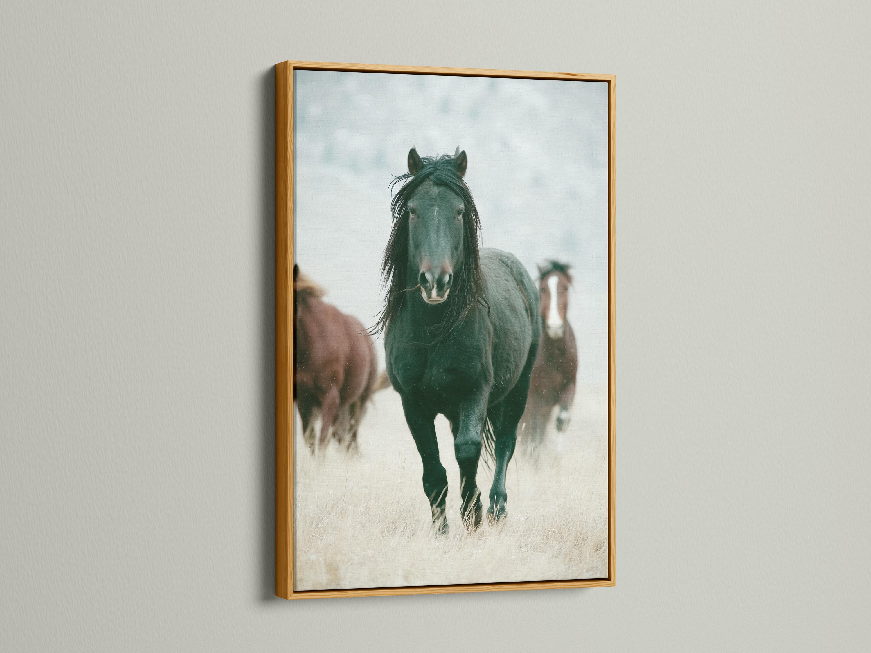 Muted green horse portrait with a pale misty background and a blurred second horse detail view