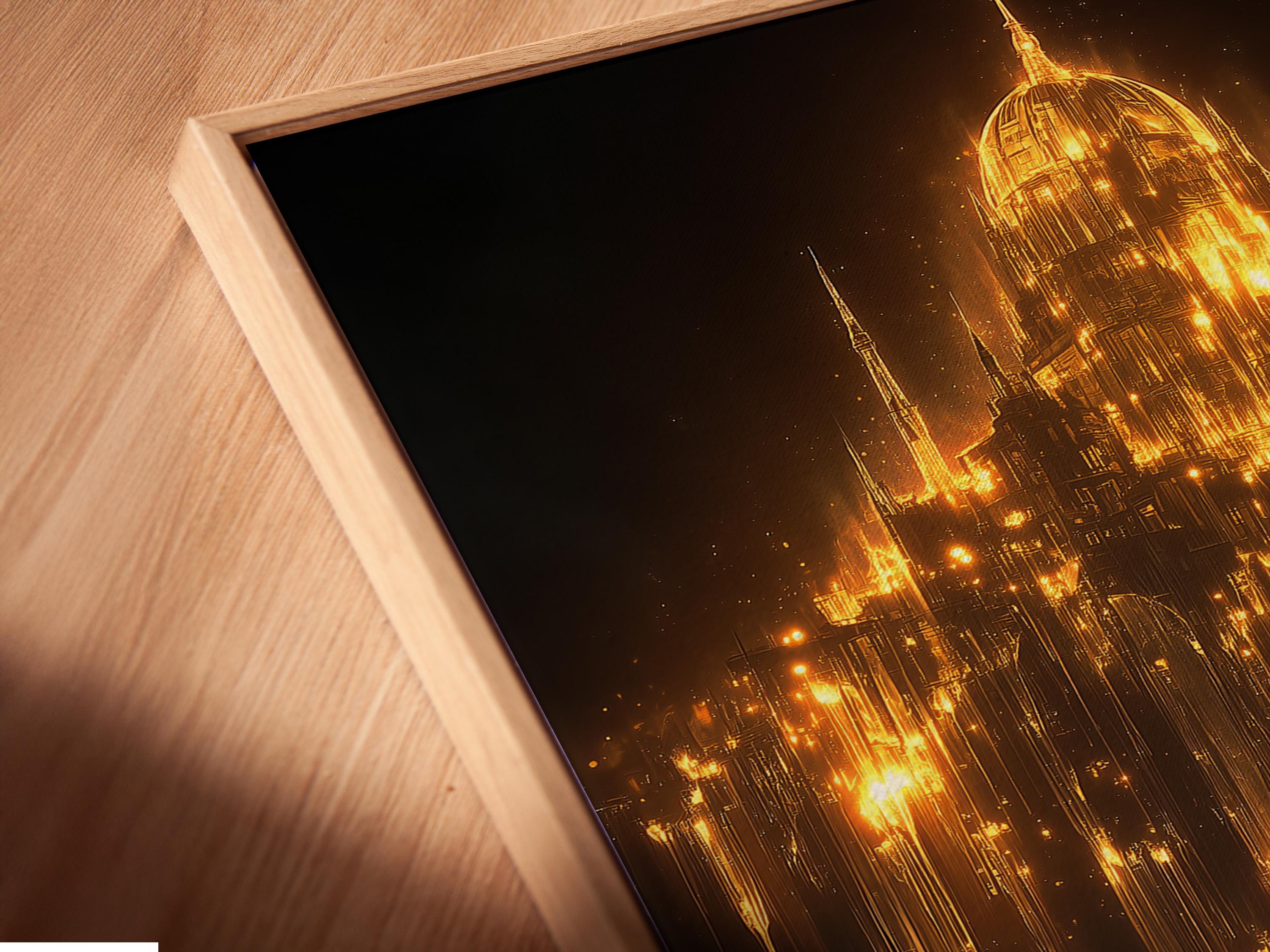 Glowing golden cathedral-like tower above a dark city skyline with cascading light streaks detail view