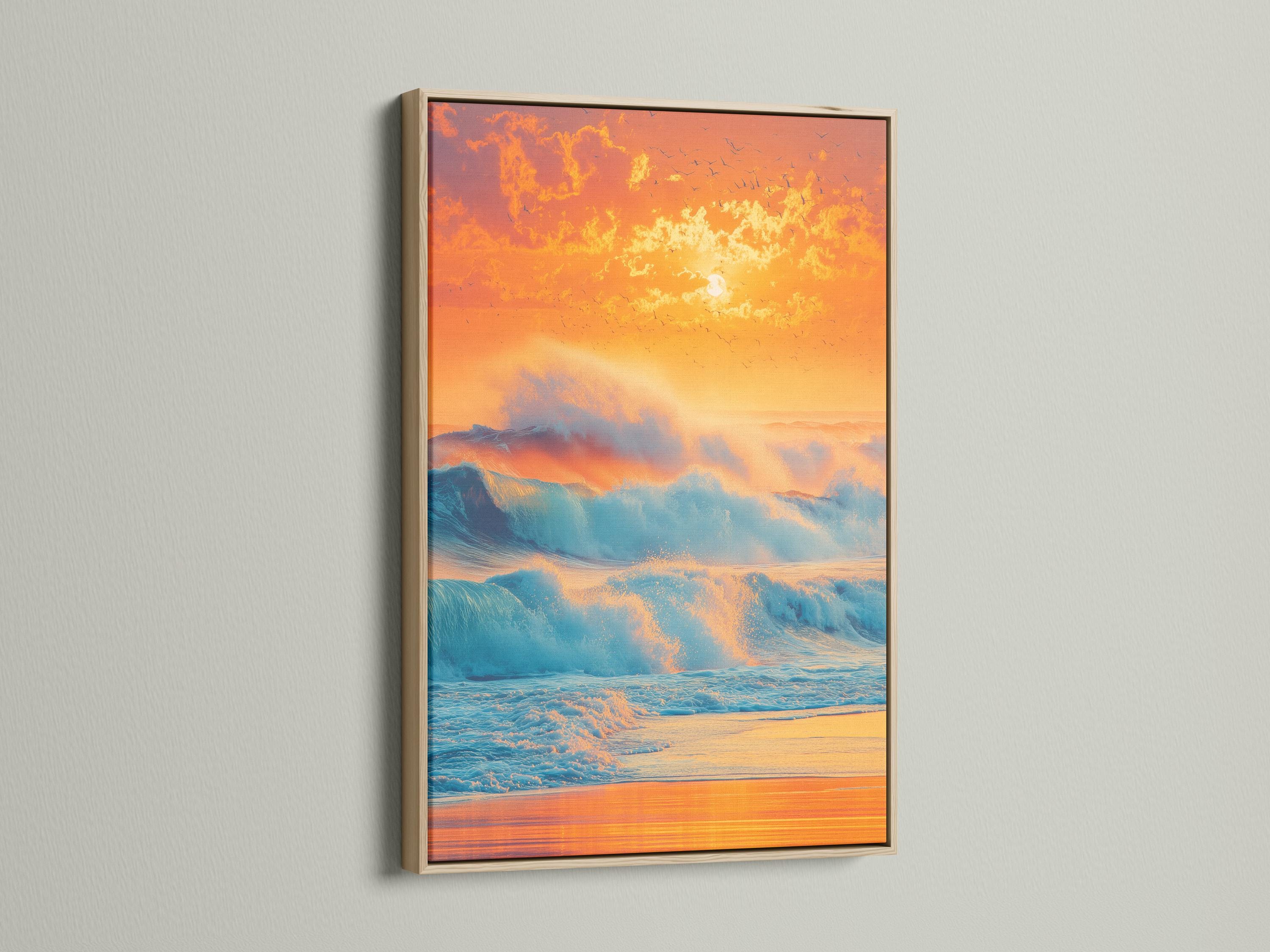 Sunset seascape with teal ocean waves, orange and gold sky, sun glow, and bird silhouettes detail view