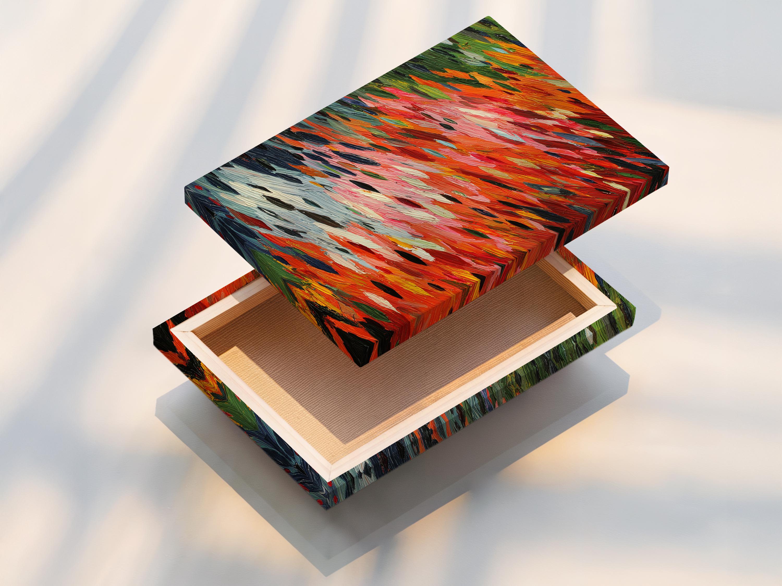 Abstract painting with orange-red, pink, green and dark navy brushstrokes in diagonal layers detail view