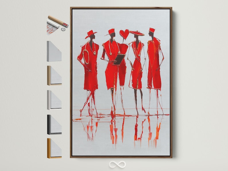Stylised group of red fashion figures in hats with sketchy outlines and mirrored red reflections