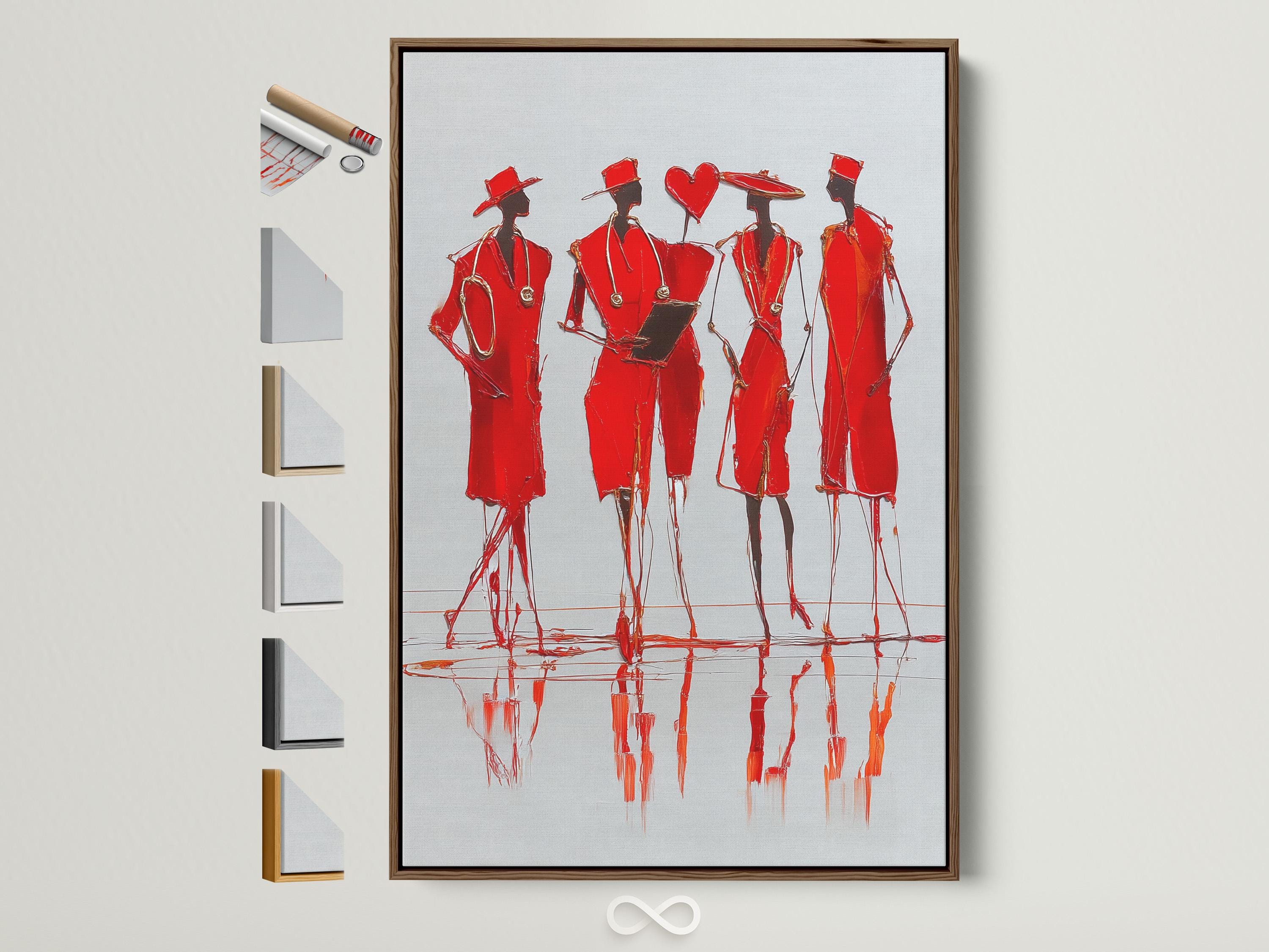 Stylised group of red fashion figures in hats with sketchy outlines and mirrored red reflections