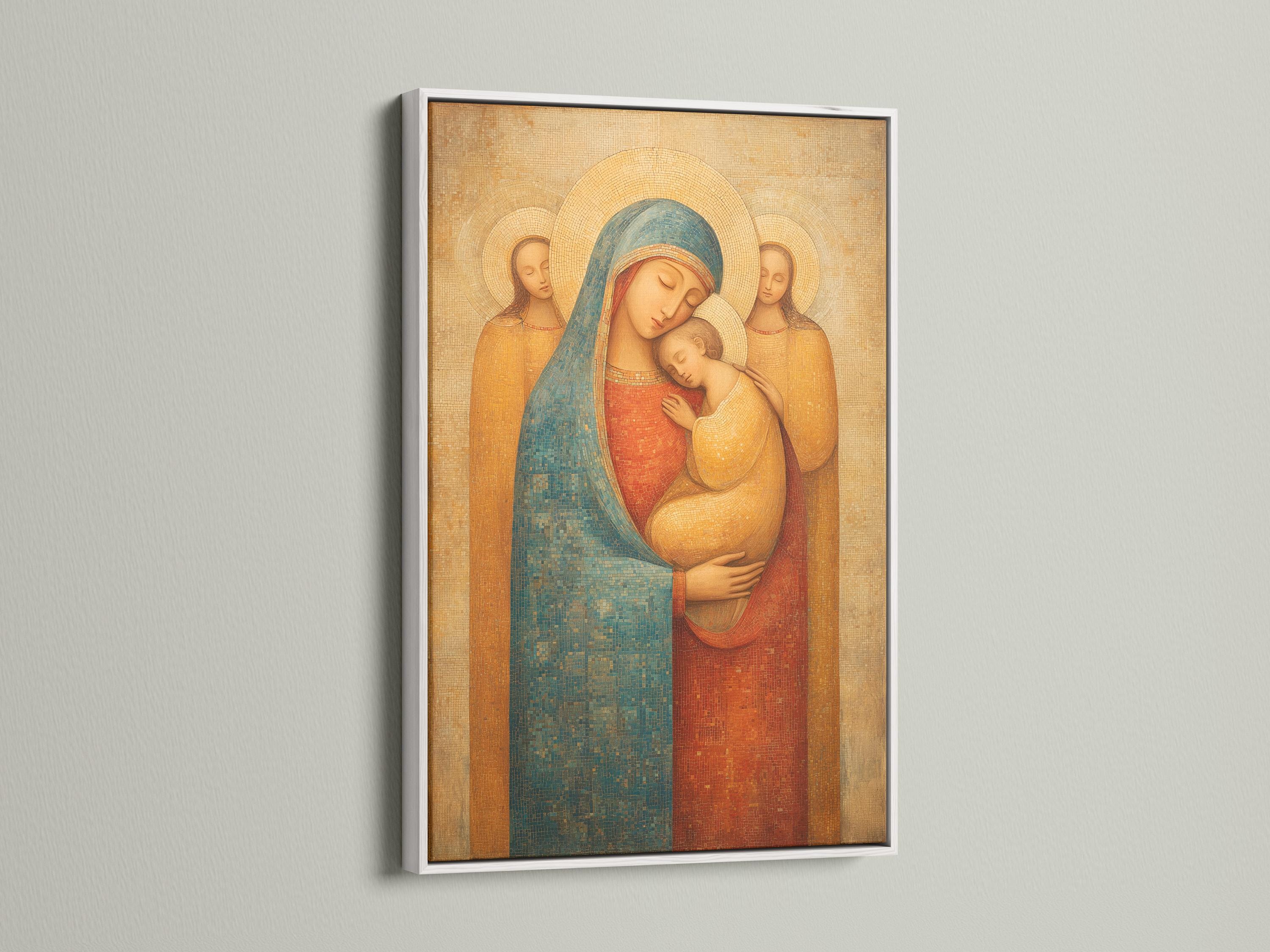 Room mockup showing framed Madonna and Child religious icon artwork