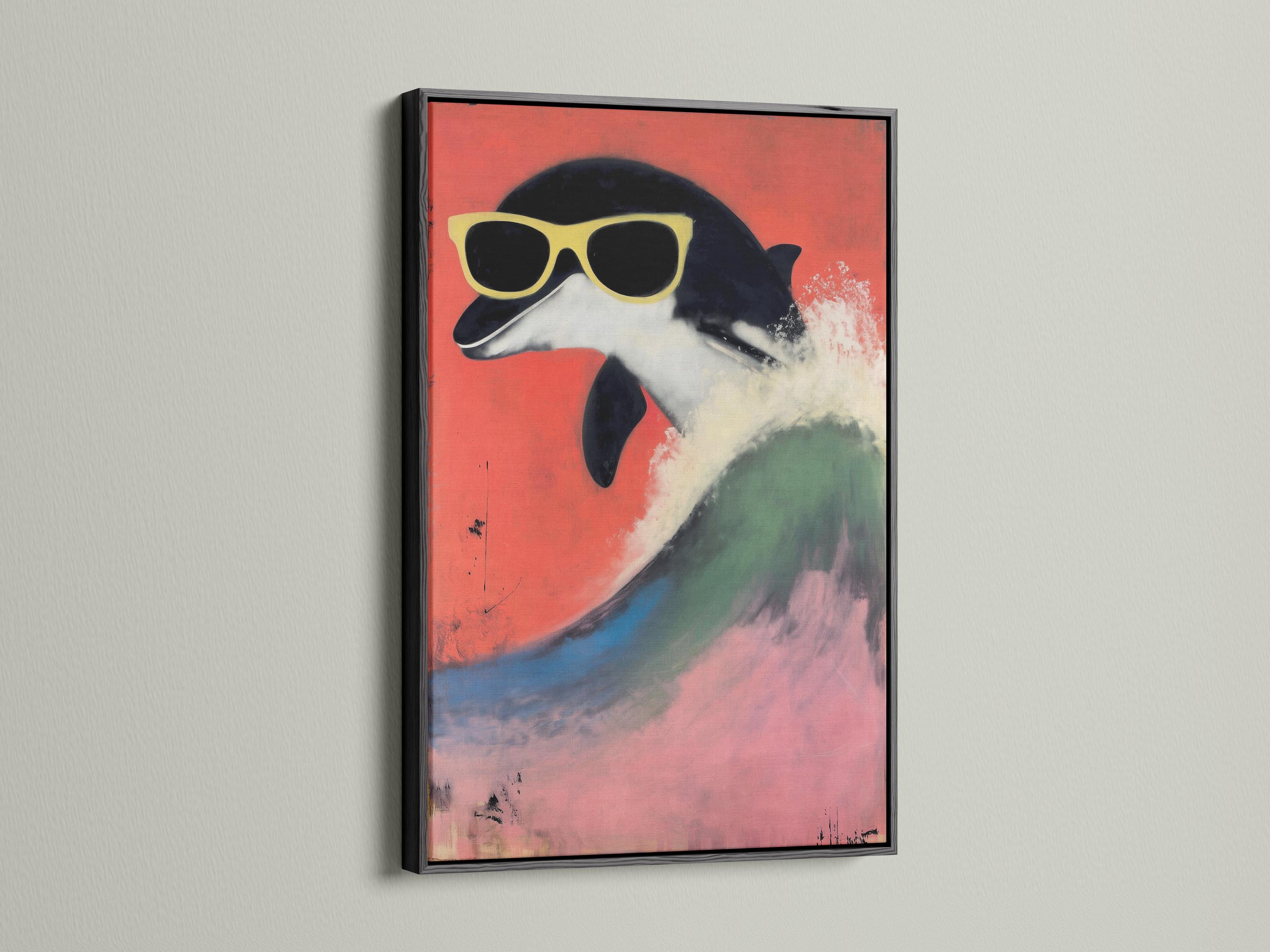 Stylised dolphin wearing oversized sunglasses against a coral red background with teal wave-like colours detail view