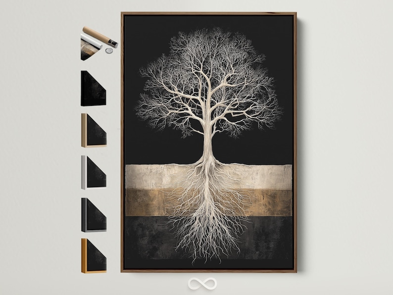 Tree roots and branches in pale line work on a dark background with a beige and gold horizontal band