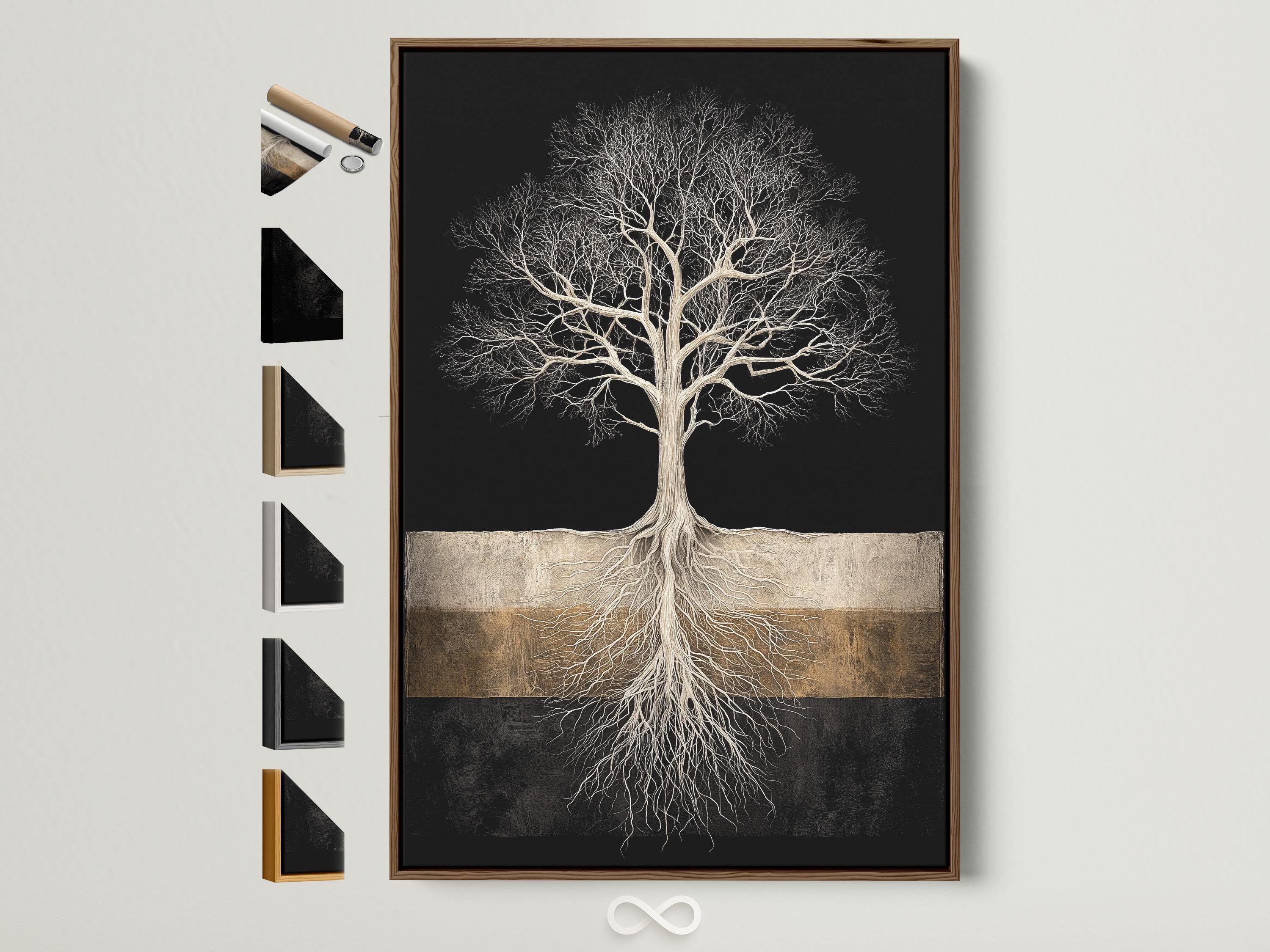 Tree roots and branches in pale line work on a dark background with a beige and gold horizontal band