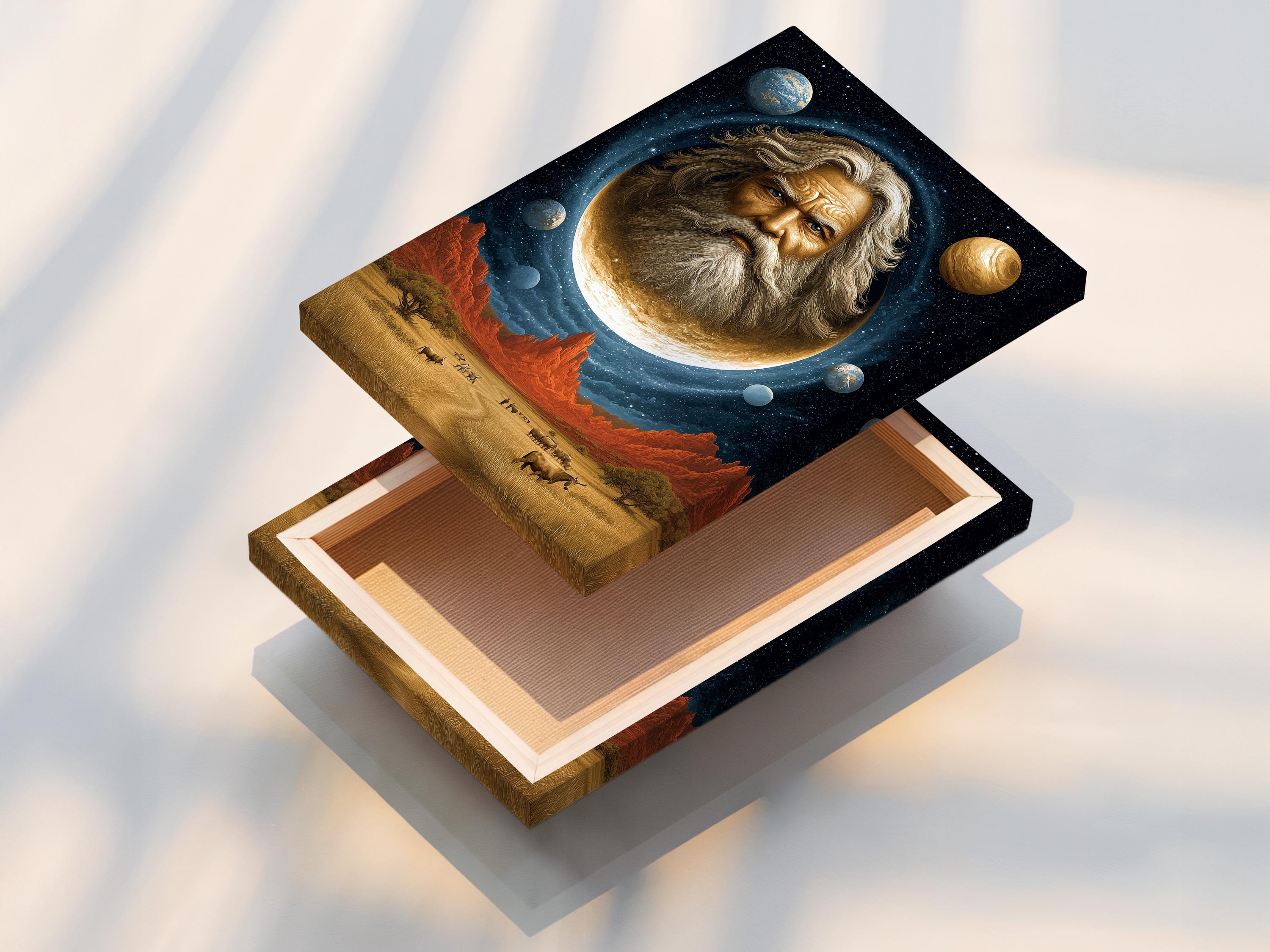 Room mockup showing a framed surreal celestial portrait with a glowing moon and desert landscape