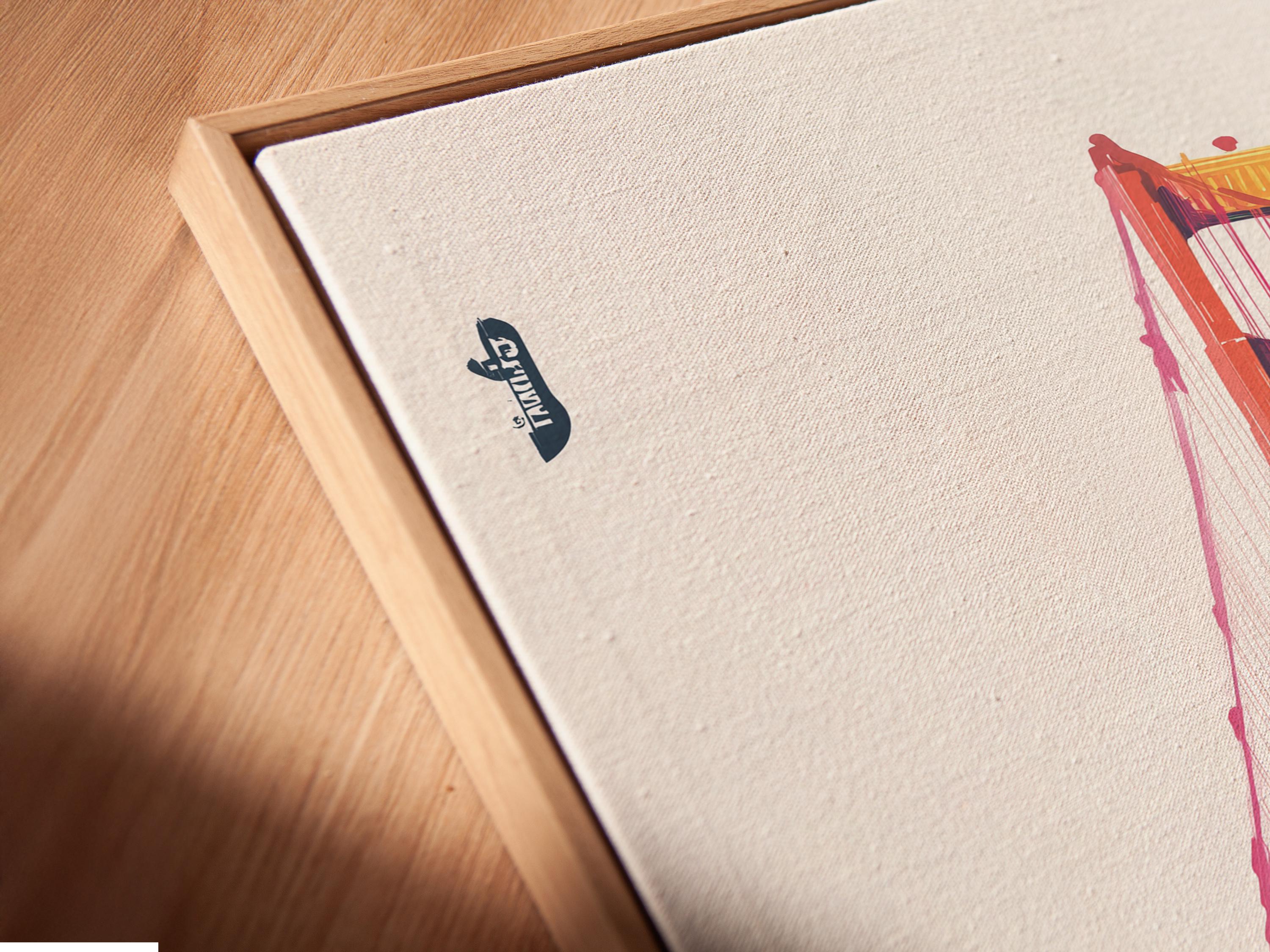 Stylised red and gold suspension bridge with teal water and faint skyline buildings detail view