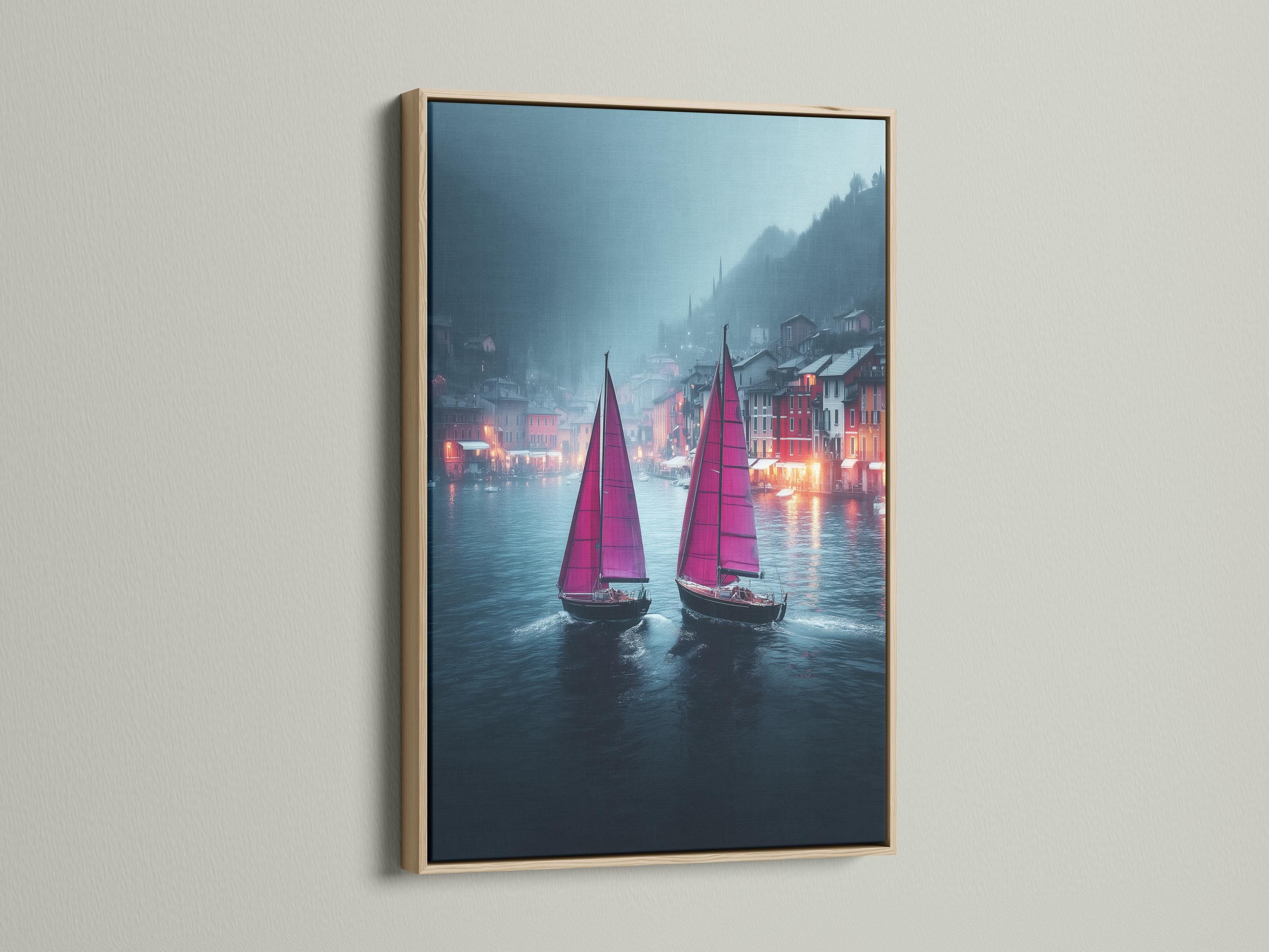 Two sailboats with tall pink sails on a misty blue-grey river, reflected in the water detail view