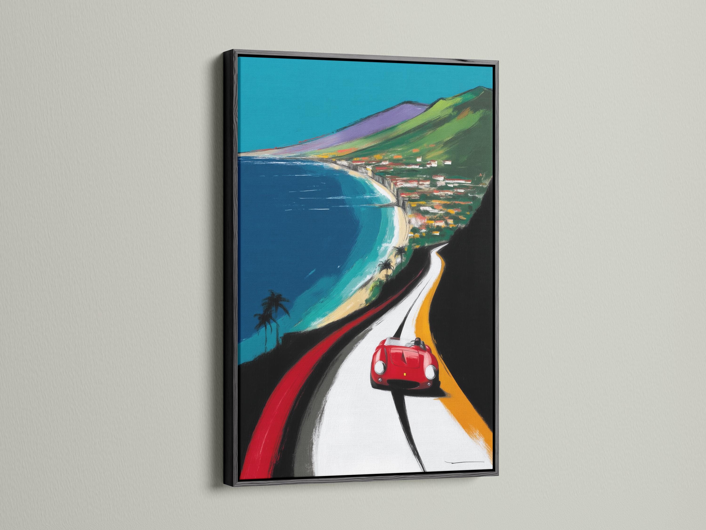 Wall mockup showing a framed artwork of a red sports car on a coastal road with turquoise water