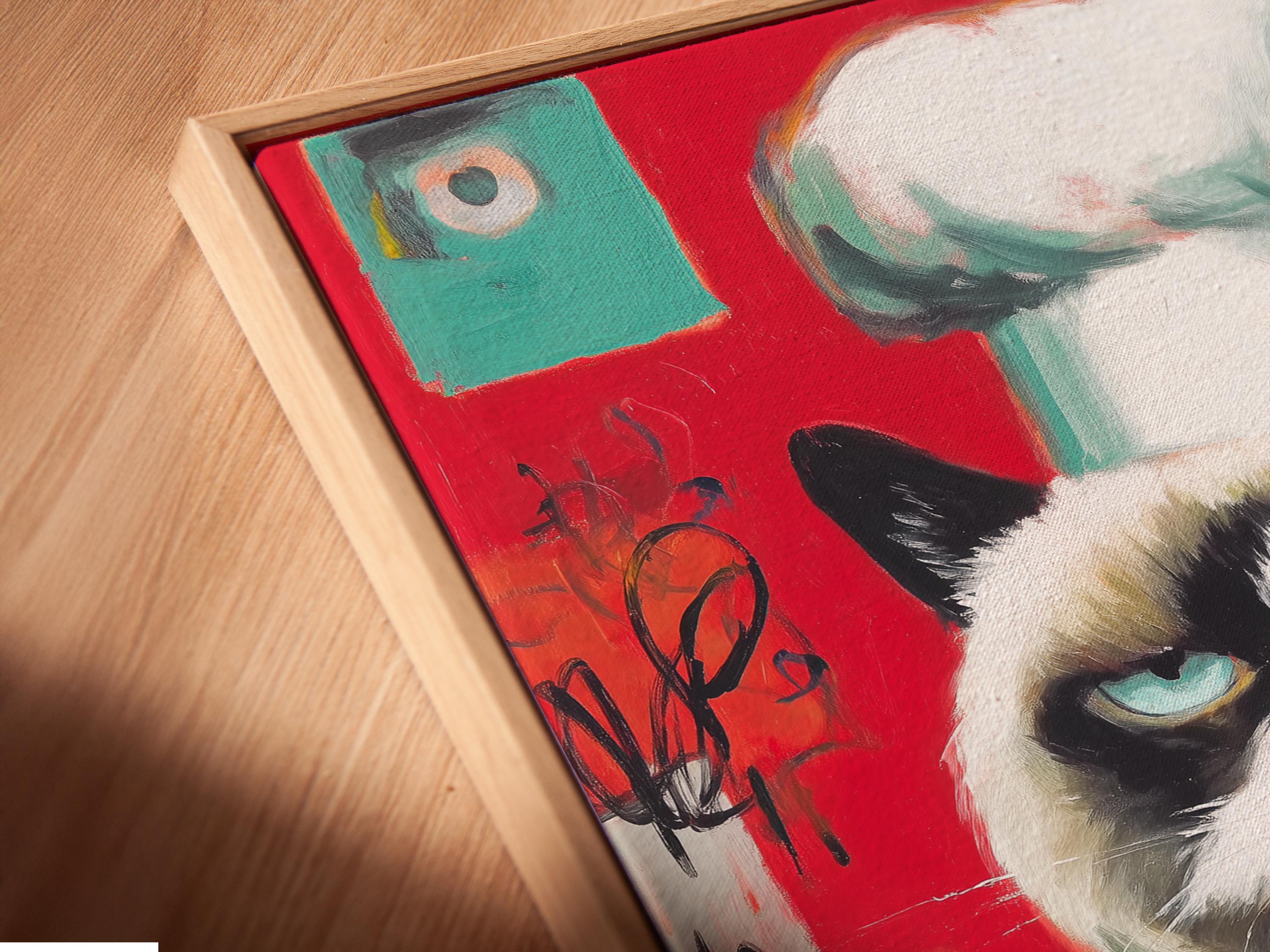 Pop art style grumpy cat wearing a yellow chef outfit with blue-green eyes detail view