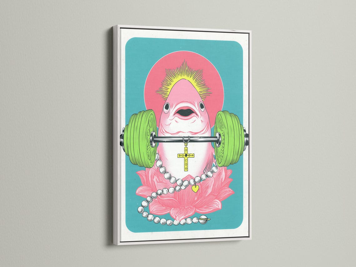 Pop surreal illustration of a pink fish weightlifter holding a barbell with a lotus and yellow cross detail view