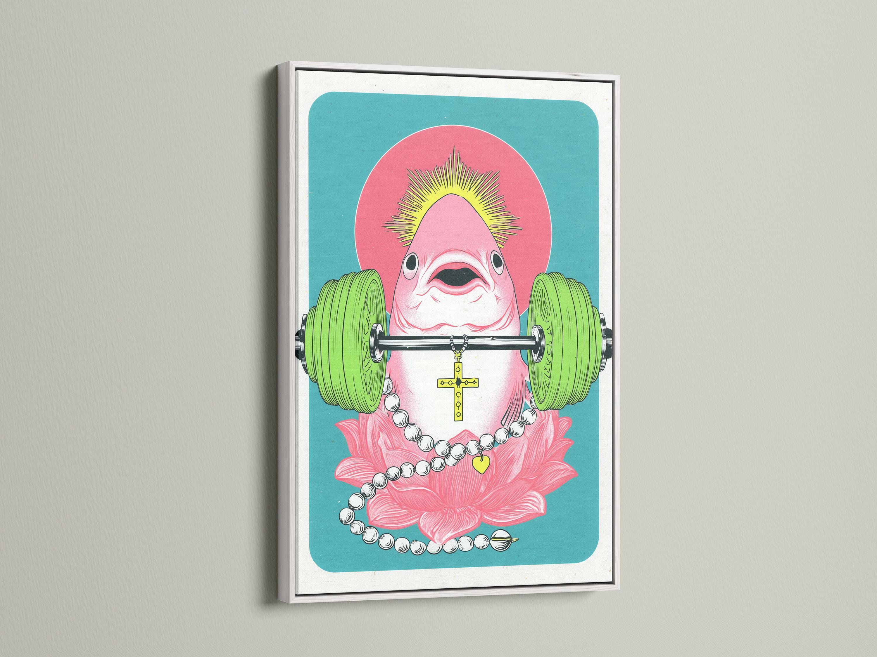 Pop surreal illustration of a pink fish weightlifter holding a barbell with a lotus and yellow cross detail view