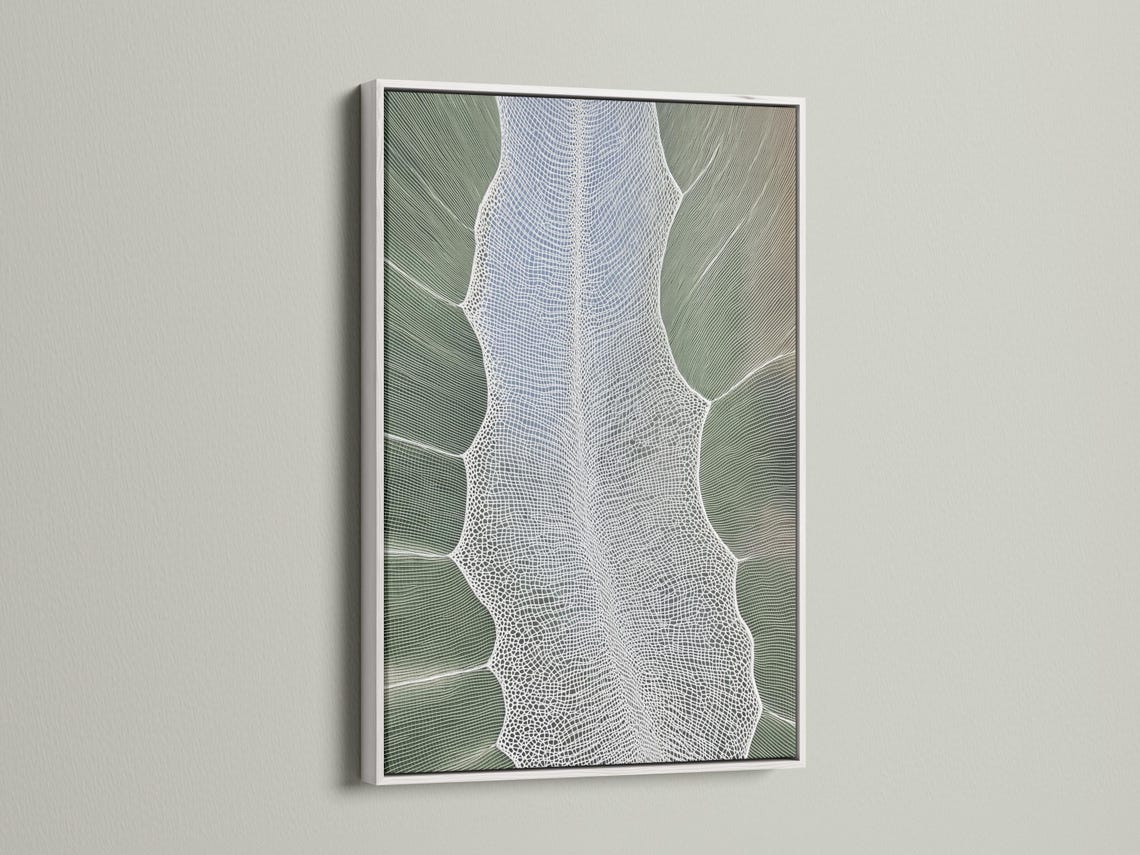 Sage green textured leaf silhouette artwork with a white net-like pattern detail view