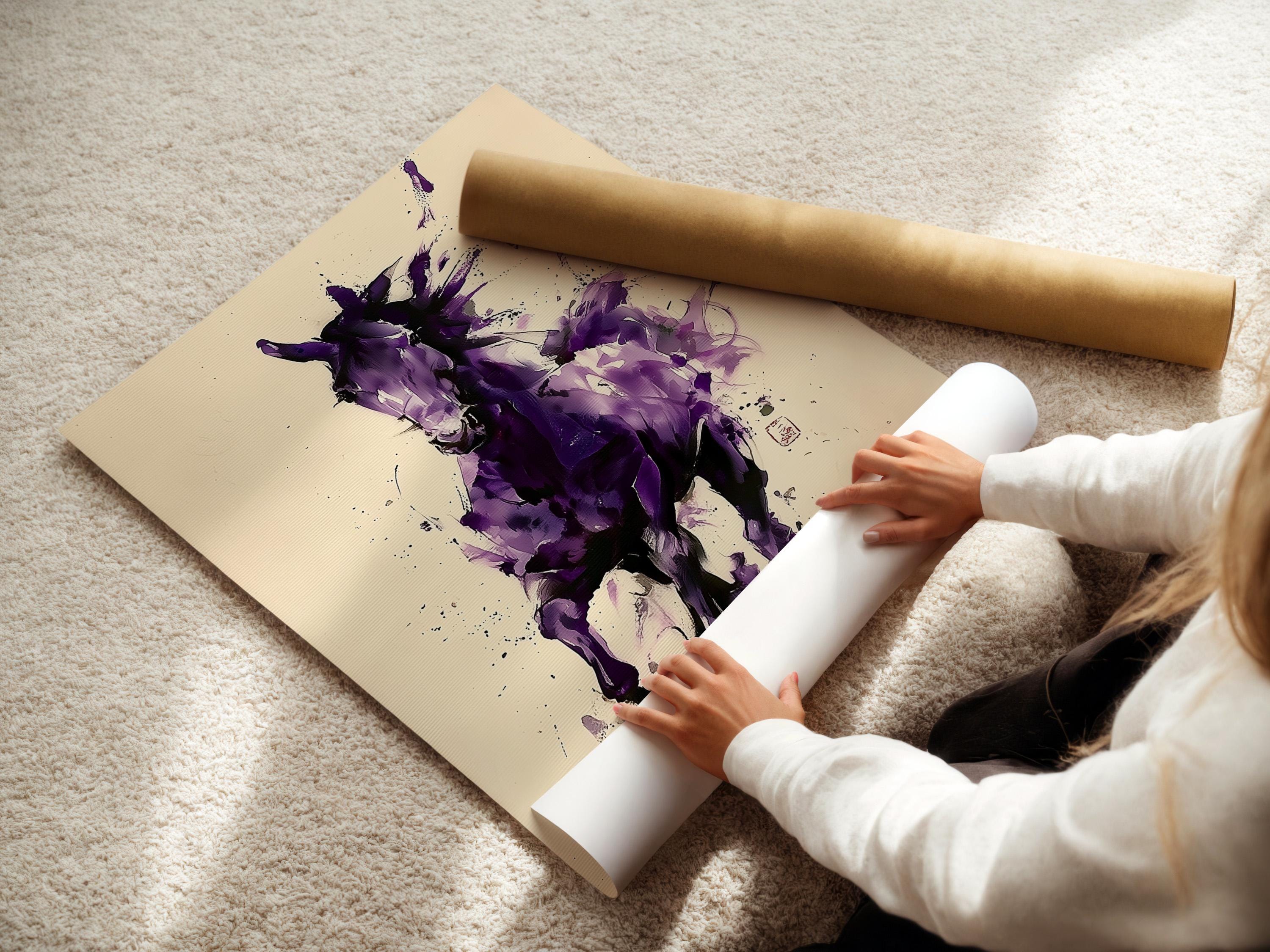 Abstract purple horse illustration with splatter marks on a cream background detail view
