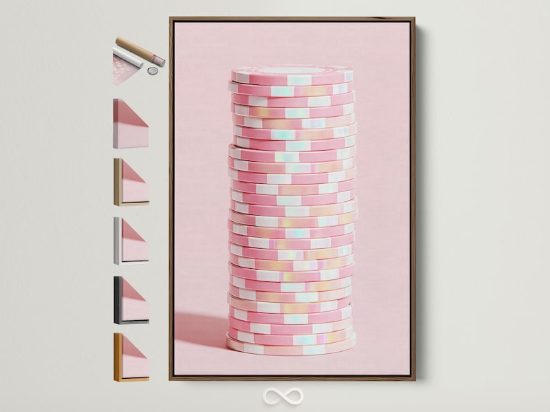 Pastel pink abstract artwork showing stacked disc shapes with subtle iridescent highlights