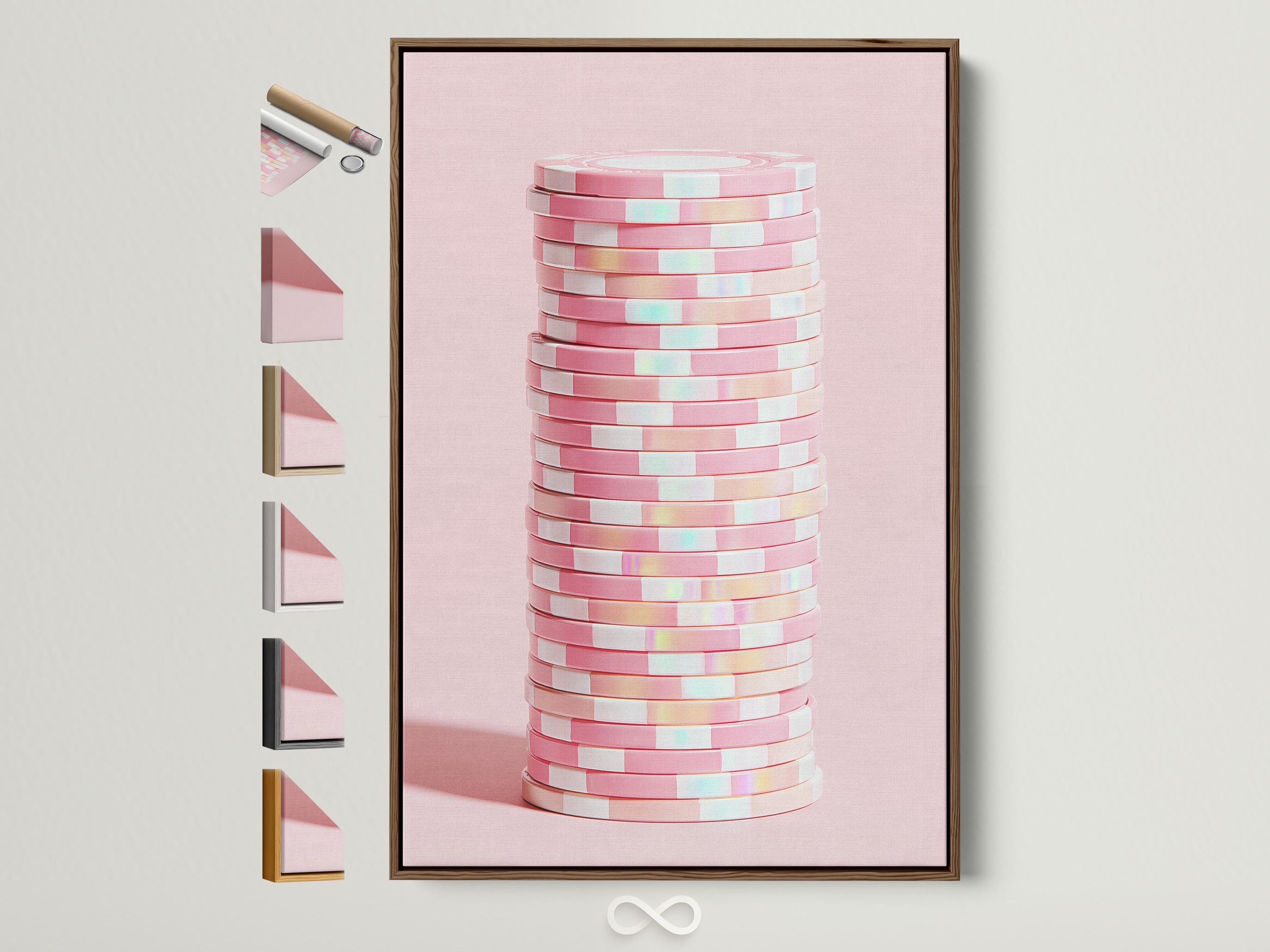 Pastel pink abstract artwork showing stacked disc shapes with subtle iridescent highlights