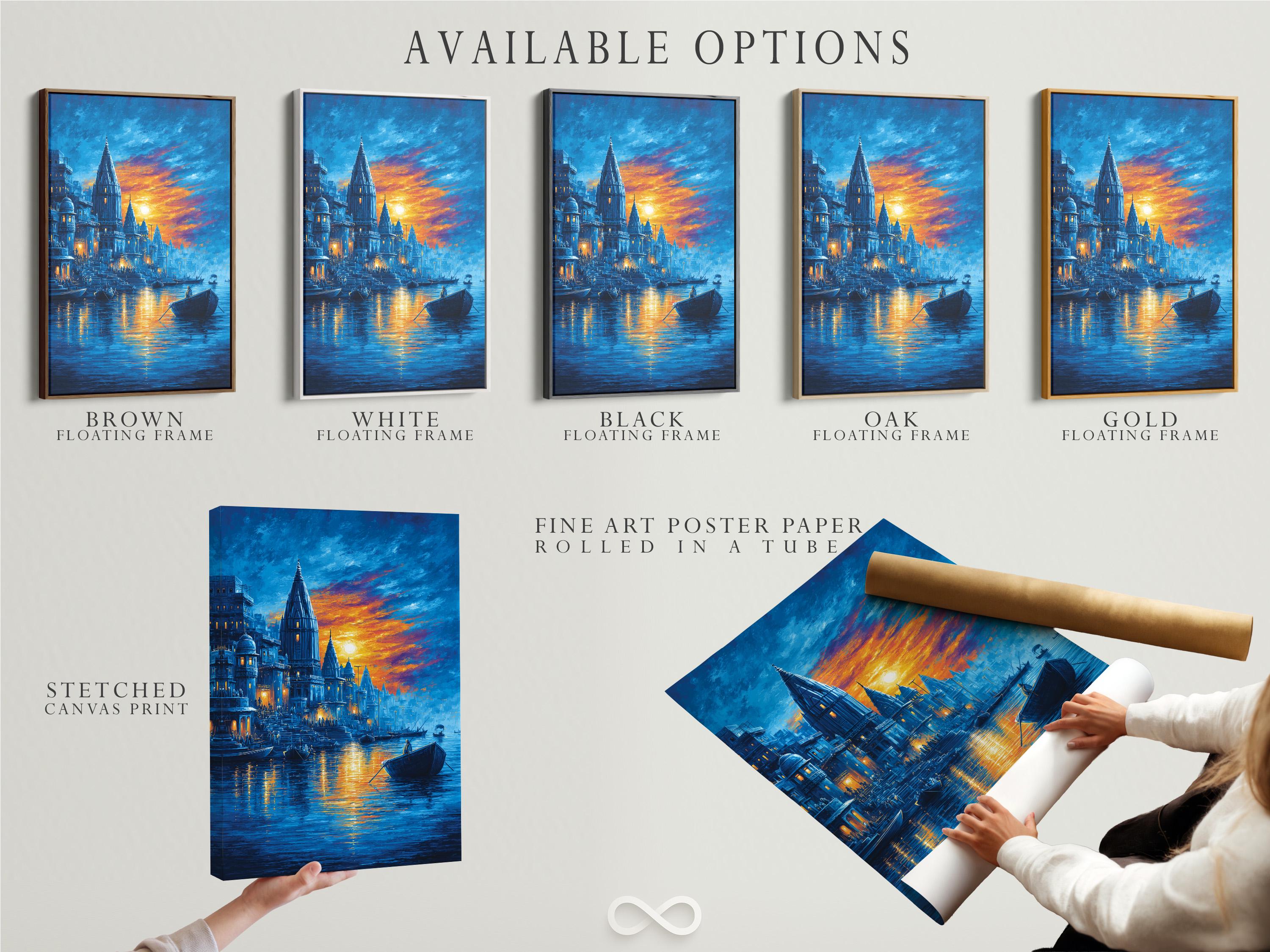 Blue sunset cityscape with temple-like towers above a river, boats, and golden reflections detail view