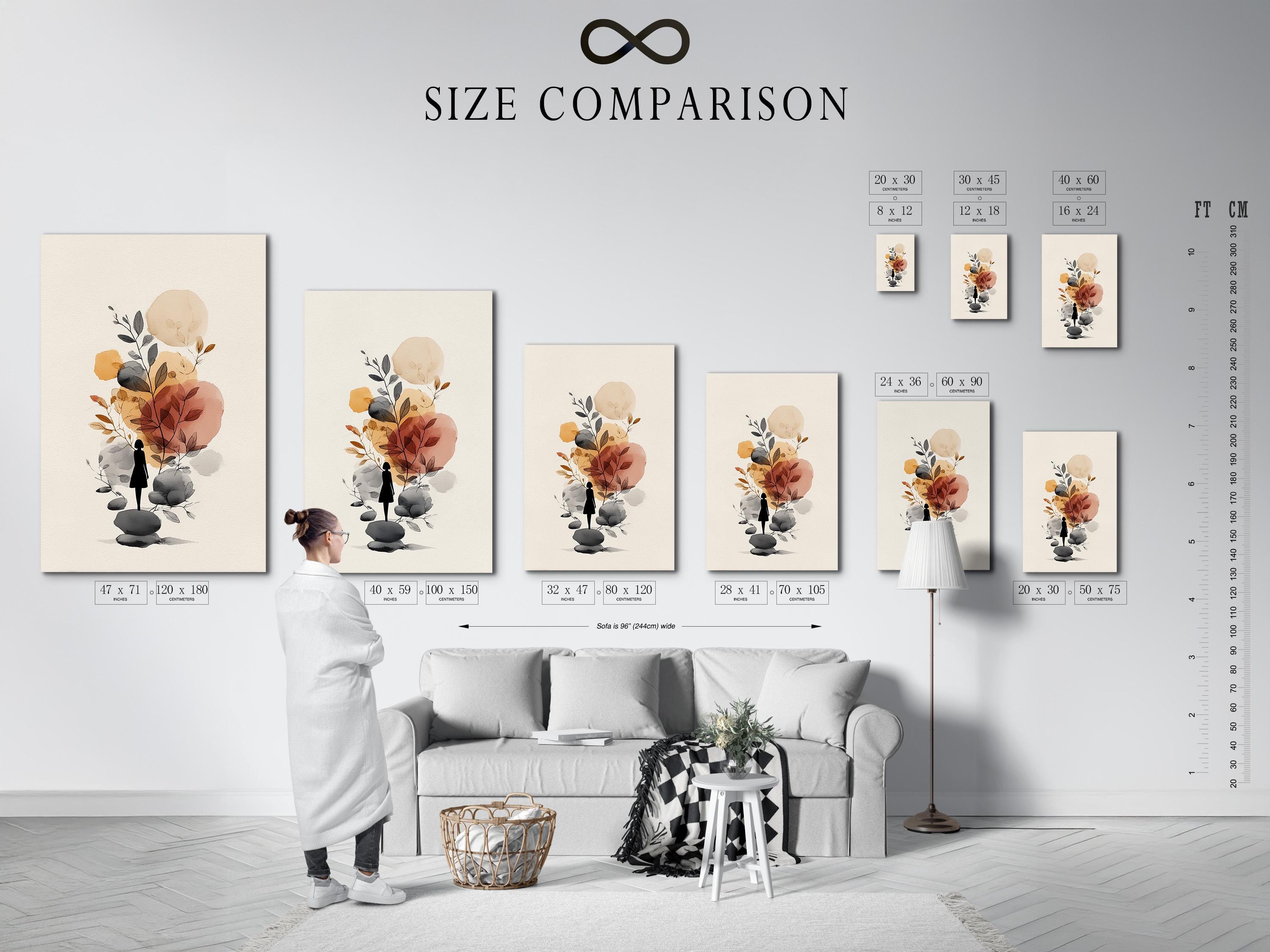 Minimalist botanical illustration with a woman silhouette, leaves, and rounded stones in neutral tones detail view