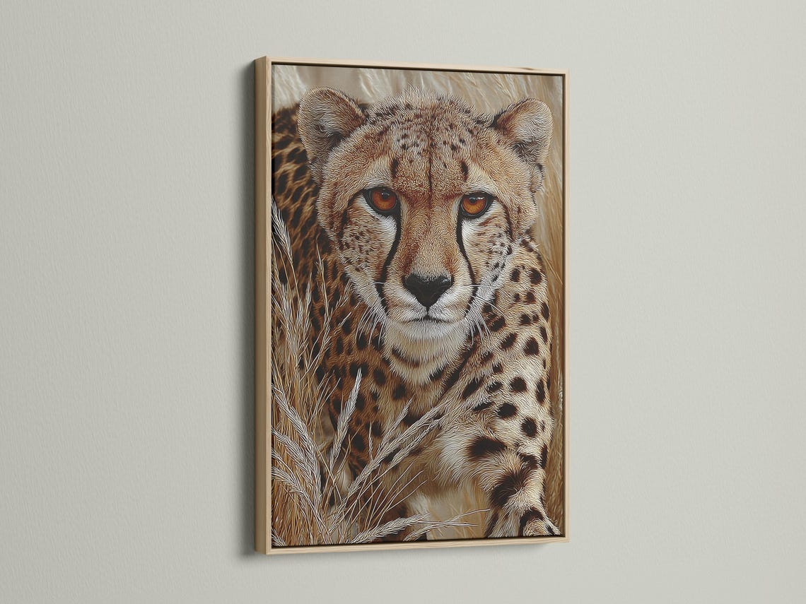 Textured cheetah portrait with amber eyes in warm brown and beige tones detail view