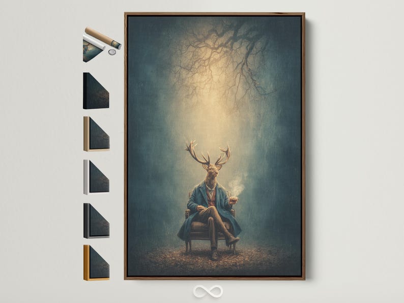 Deer-headed gentleman with antlers in a teal jacket holding a cup, painterly teal and beige portrait