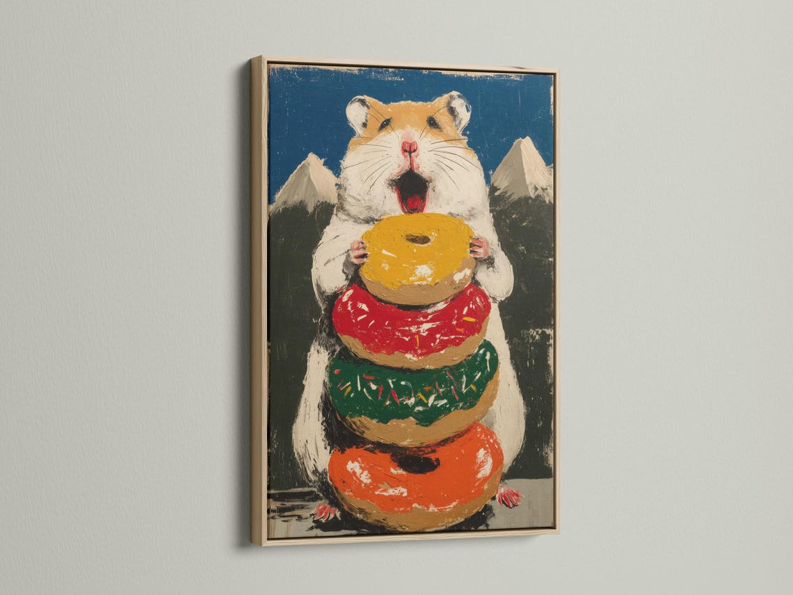 Painted hamster holding a large donut with red, green and gold accents detail view
