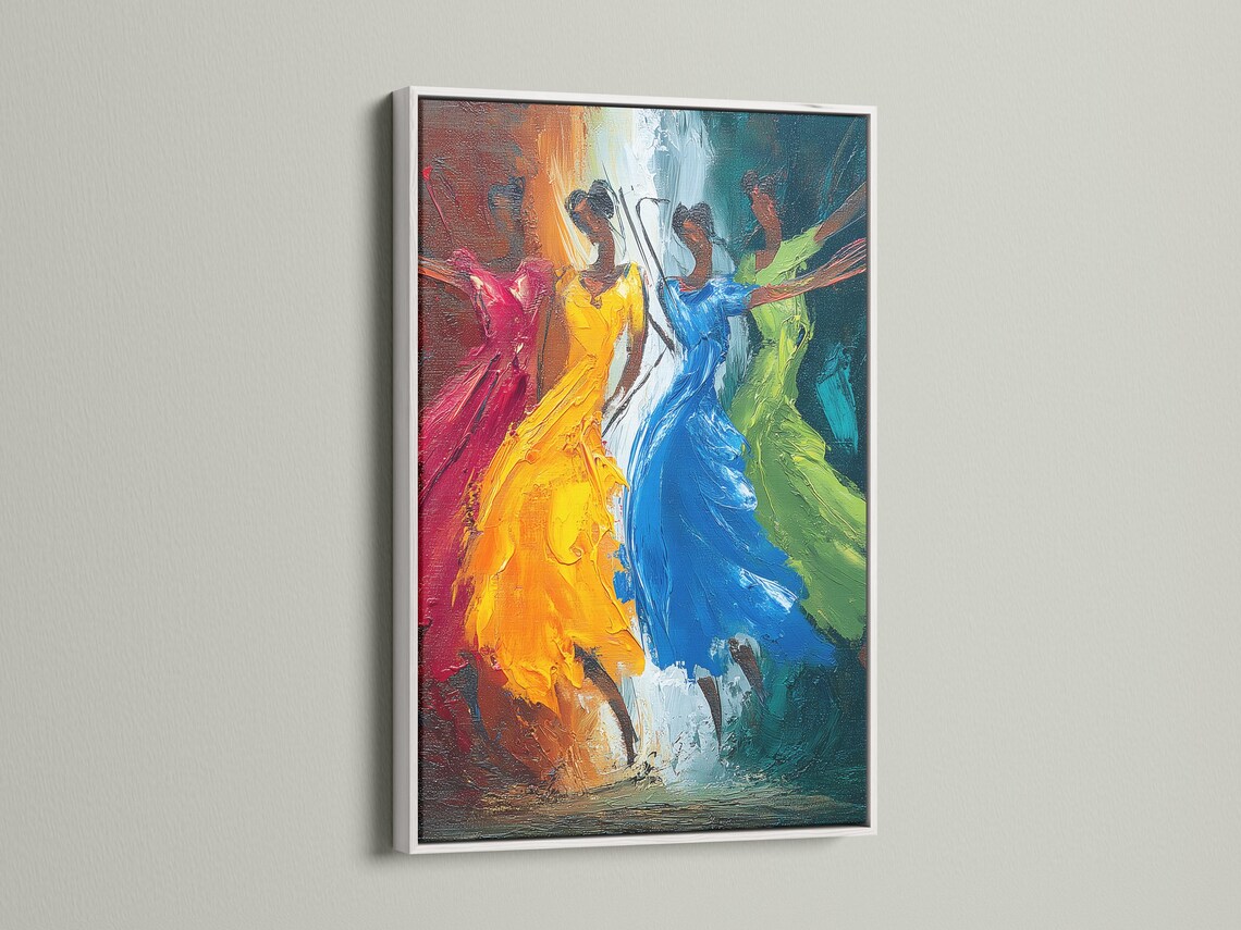 Abstract painting showing three stylised dancing figures in orange, blue, green and pink tones detail view
