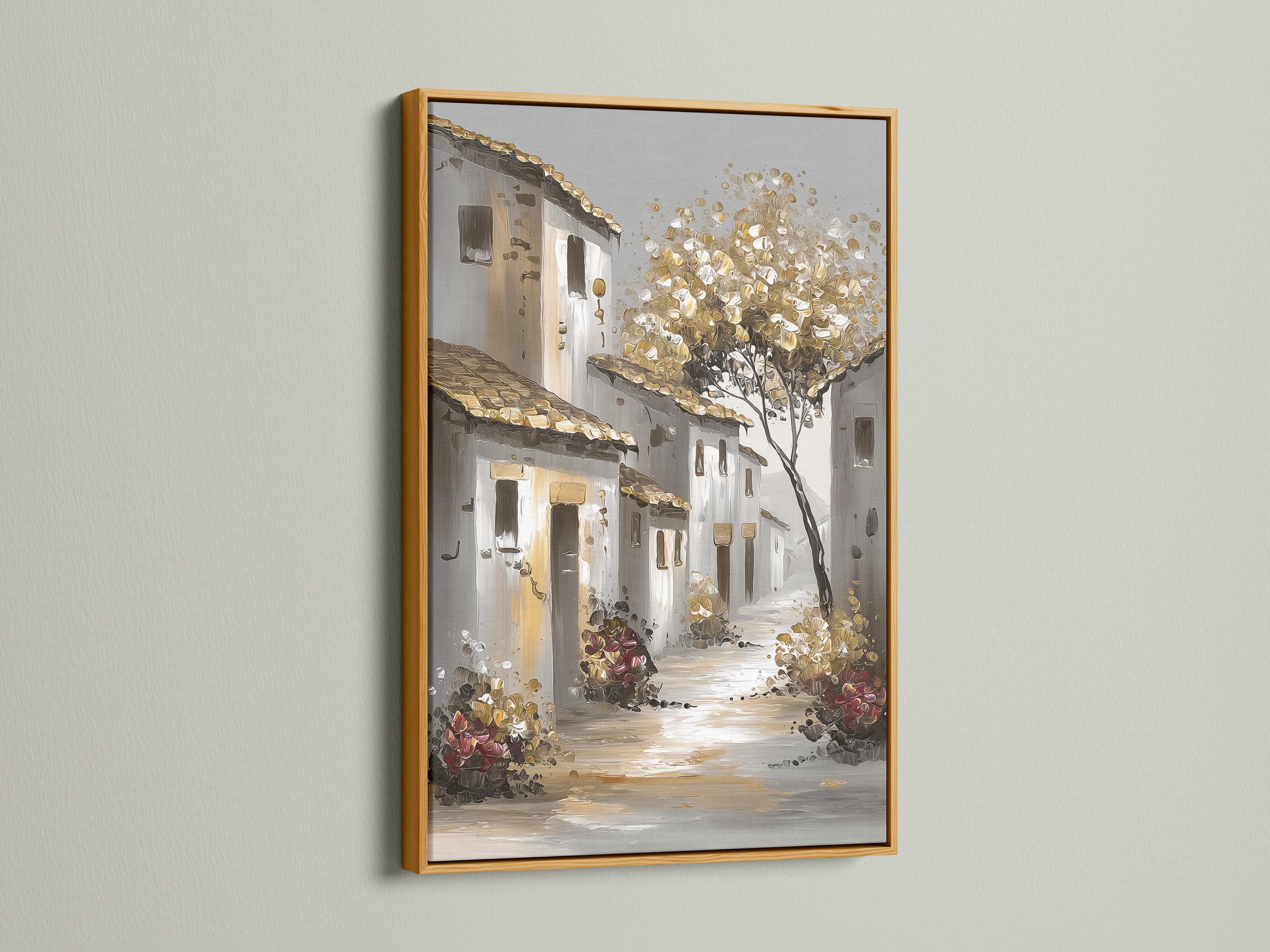 Pale village street scene with gold blossom clusters, tree branches and traditional buildings detail view