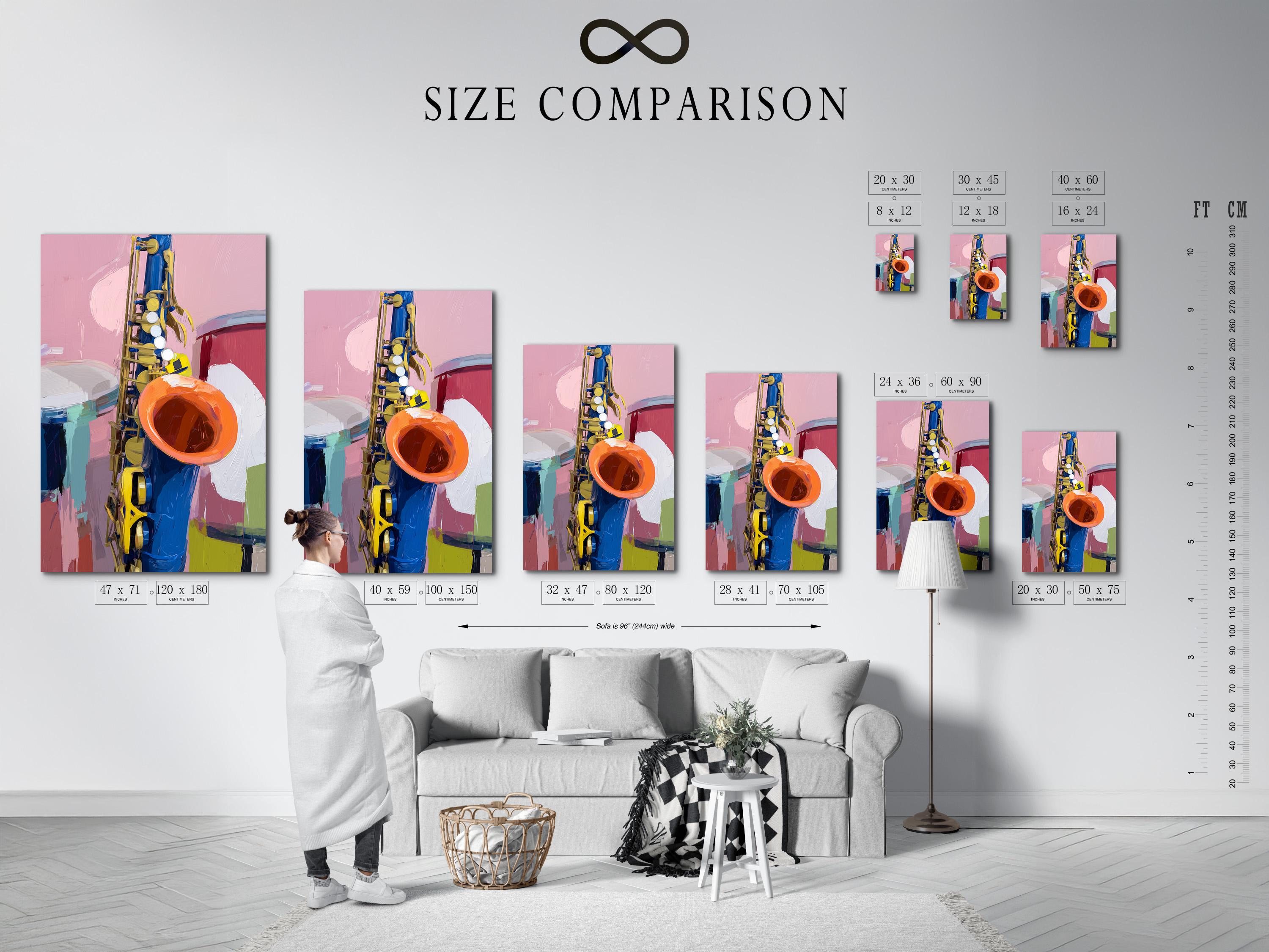 Square framed artwork mockup showing a colourful saxophone illustration on a wall