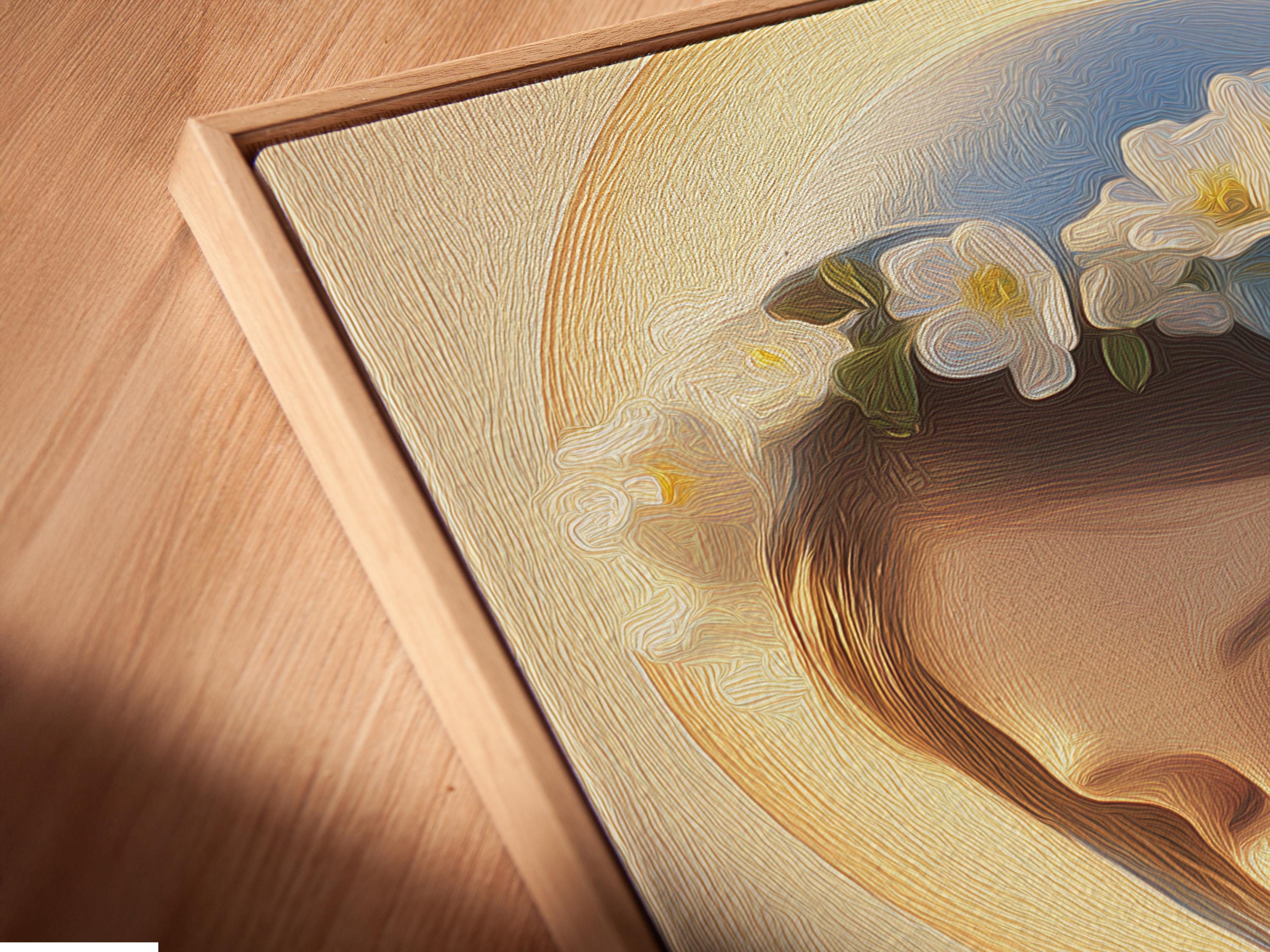 Framed religious portrait on a wall with a bowed robed woman, blue veil, golden halo glow, and clouds